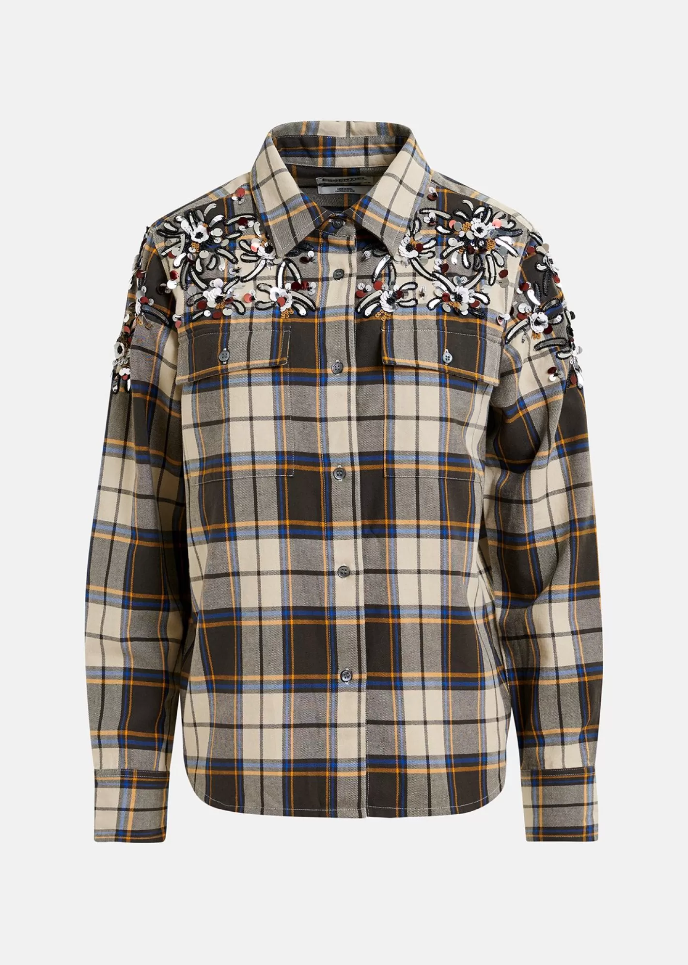 Flash Sale Beige checked cotton shirt with embroidery Fall 2024 Collection | Tops & Blouses
