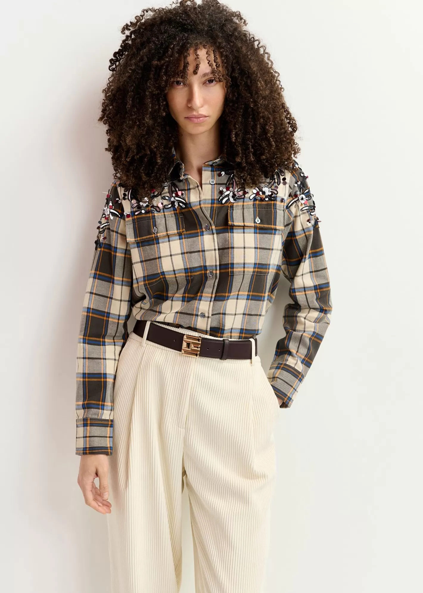Flash Sale Beige checked cotton shirt with embroidery Fall 2024 Collection | Tops & Blouses