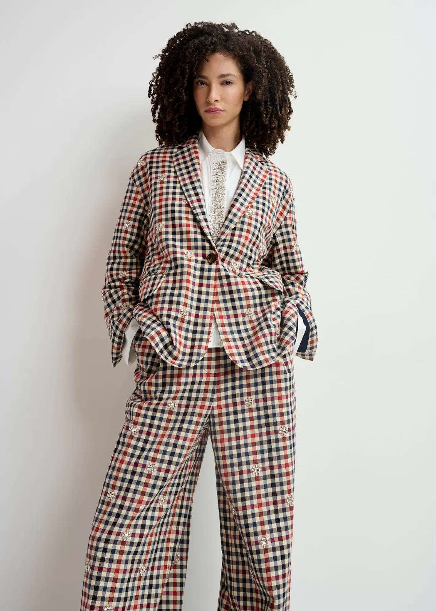 Flash Sale Beige, dark blue and red checkered single-breasted blazer Prints | Coats & Jackets