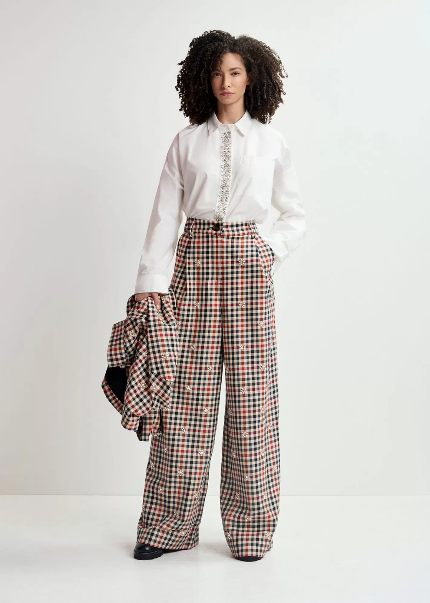 Outlet Beige, dark blue and red checkered wide-leg pants Prints | Pants & Shorts