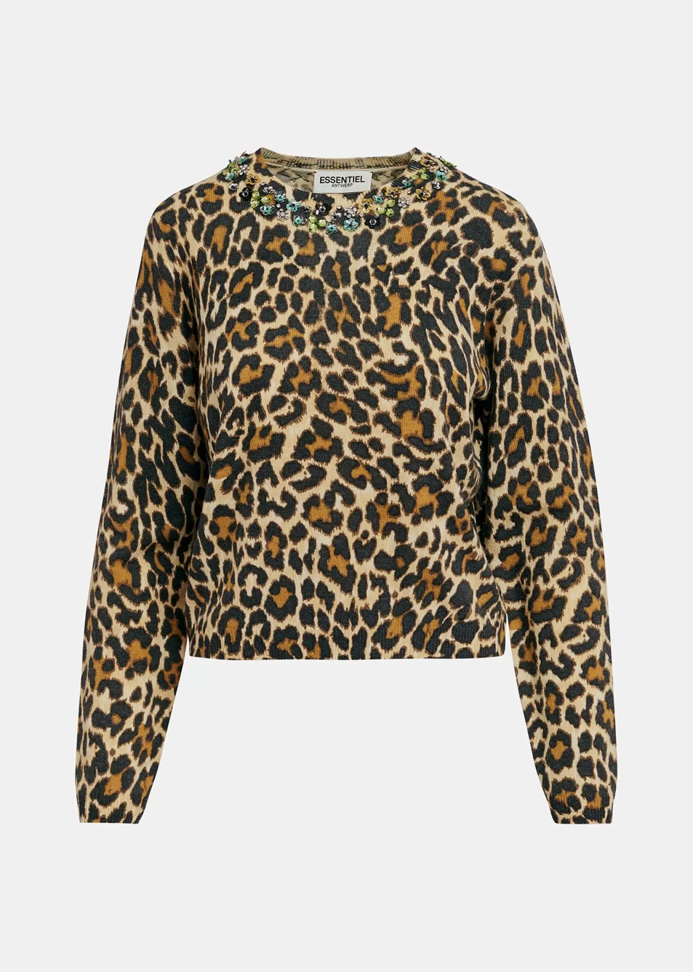 New Beige leopard-motif knit sweater with embellished collar Fall 2024 Collection | Prints