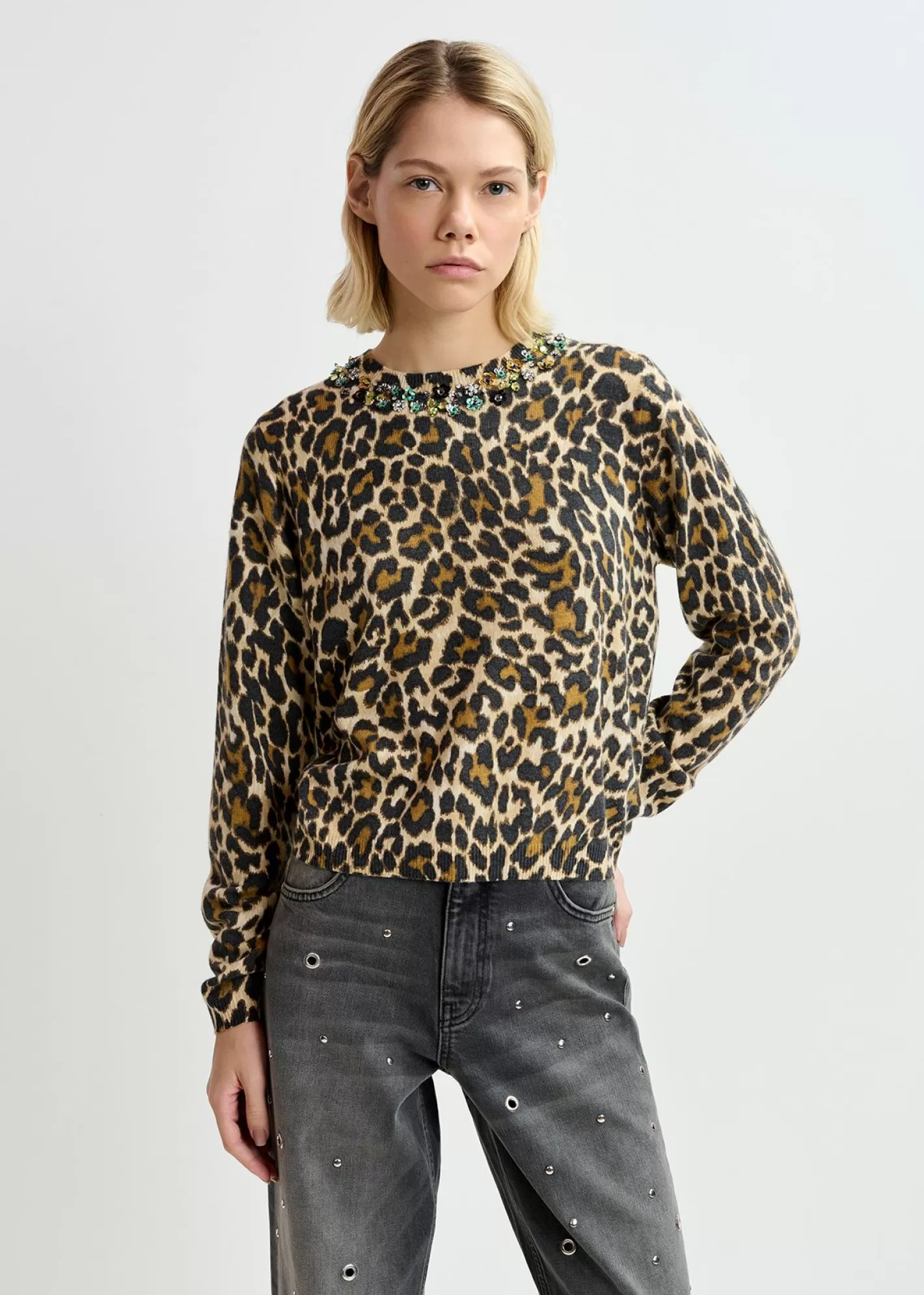 New Beige leopard-motif knit sweater with embellished collar Fall 2024 Collection | Prints