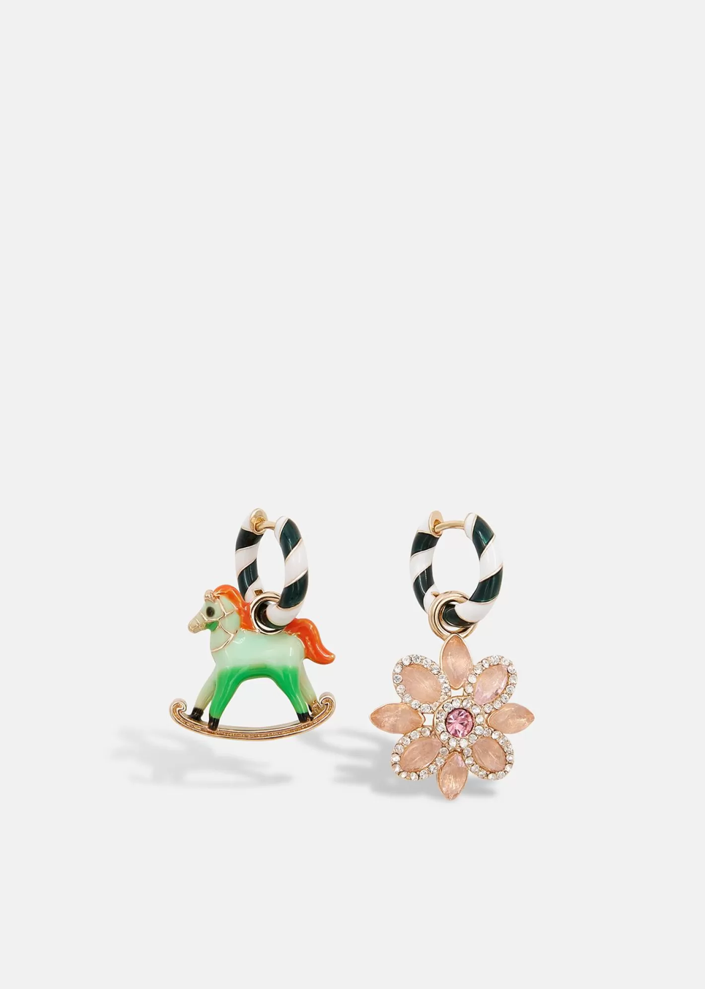 Hot Black and white hoop earrings with flower and rocking horse pendants Jewelry