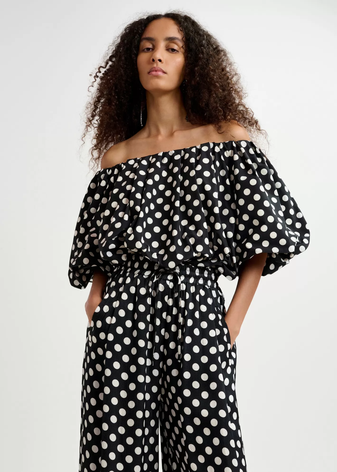Store Black and white polka-dot gathered bodysuit with puffed sleeves Partywear | Tops & Blouses