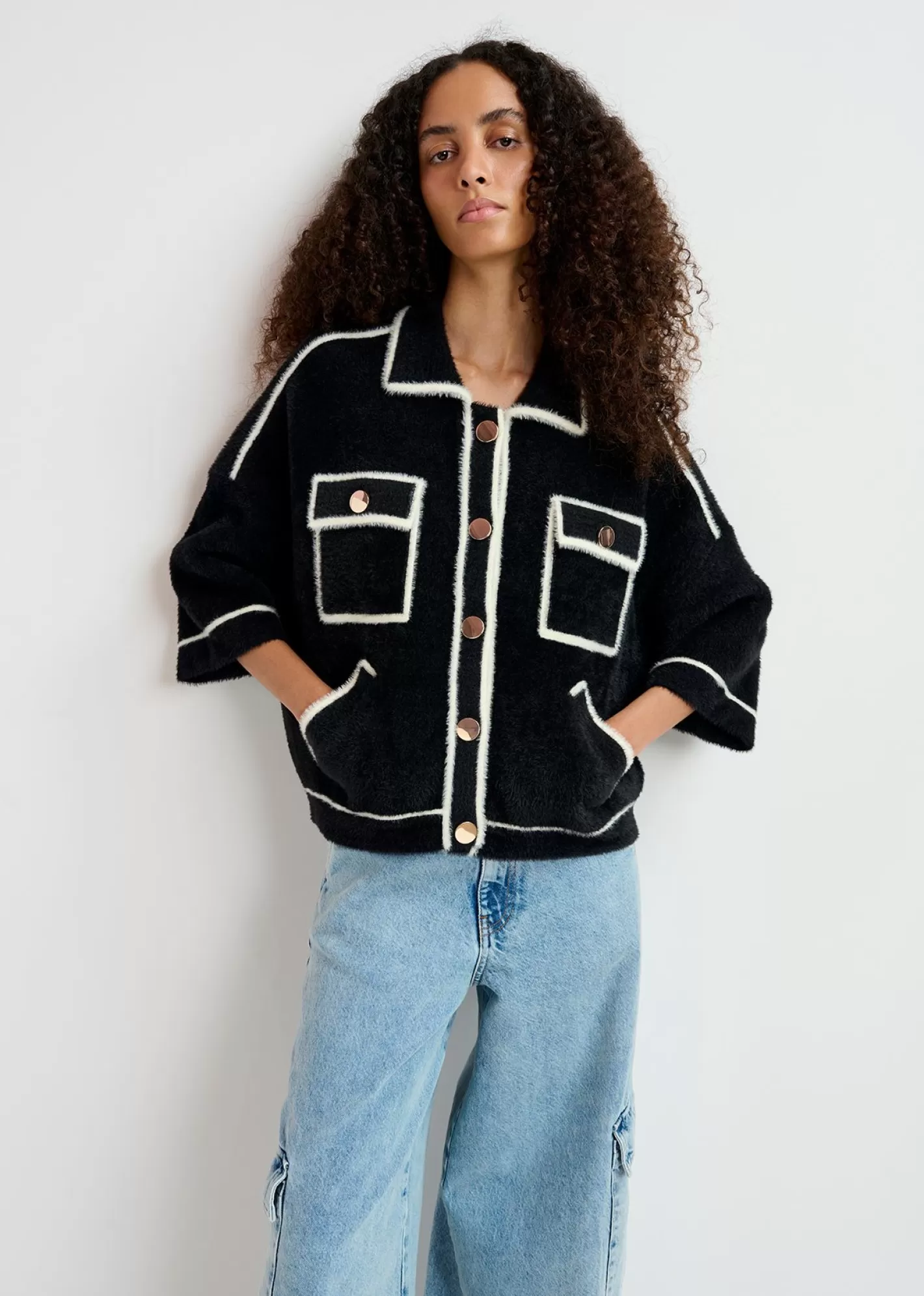 Store Black fuzzy knitted cardigan Fall 2024 Collection | Sweaters & Cardigans
