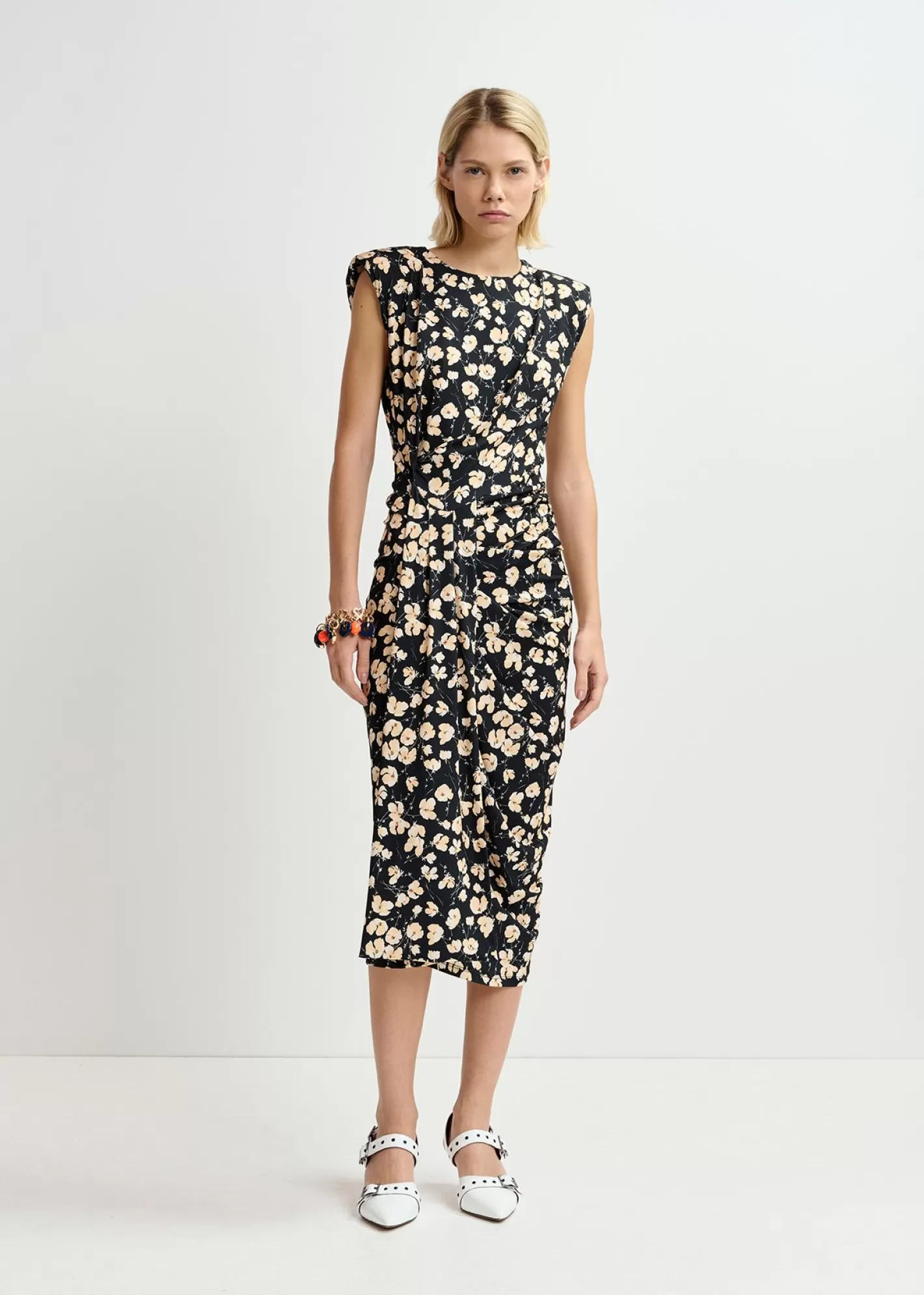 New Black stretch-jersey midi-length dress with floral print Fall 2024 Collection | Prints