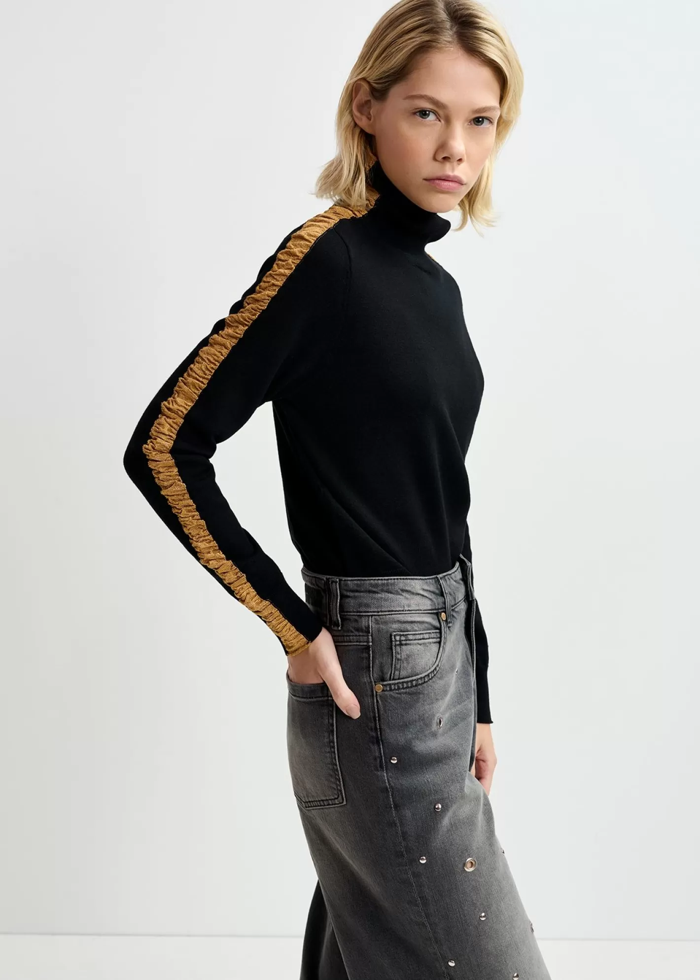 Sale Black turtleneck knit sweater with golden stripes Fall 2024 Collection | Sweaters & Cardigans