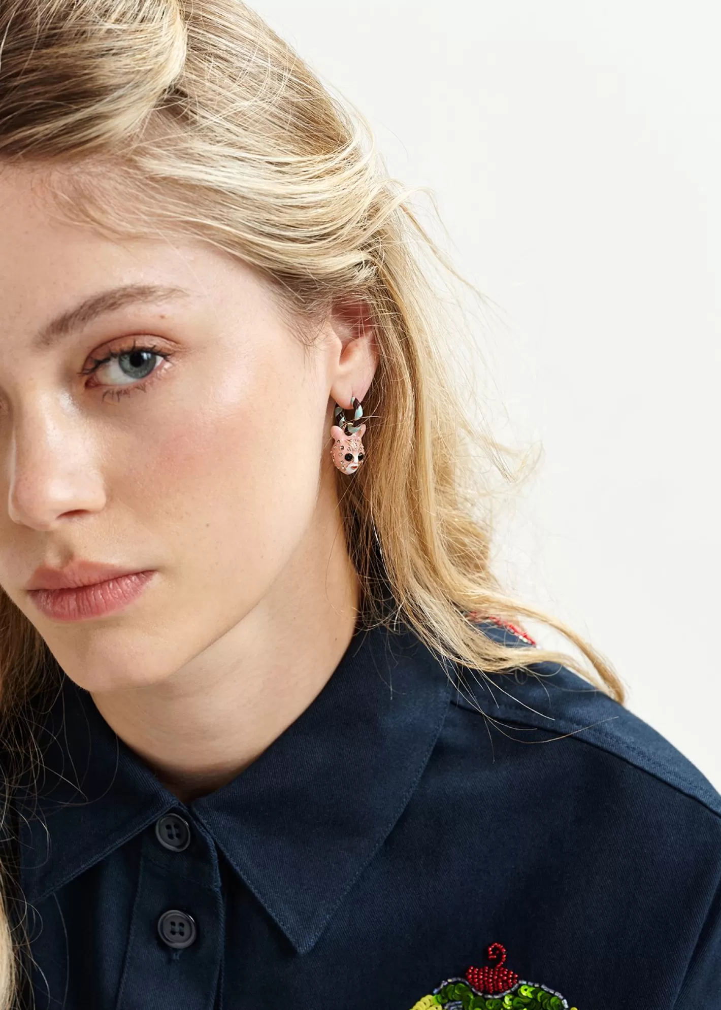 Fashion Blue and brown hoop earrings with pie and doll pendants Jewelry