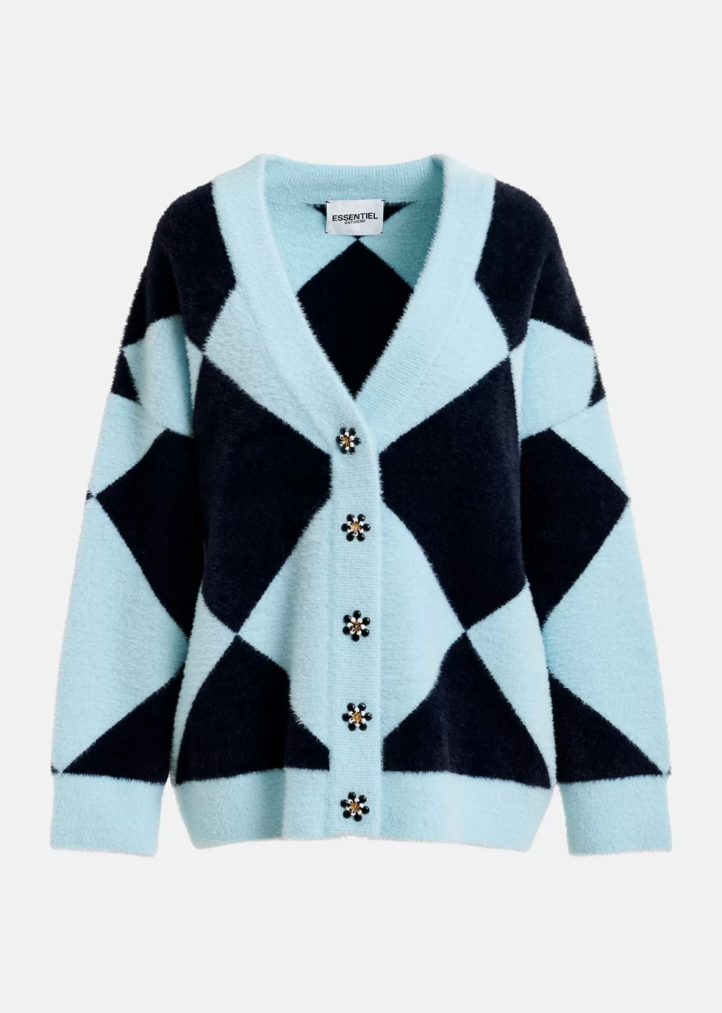 New Blue harlequin-patterned knit cardigan with flower-shaped buttons Prints | Sweaters & Cardigans