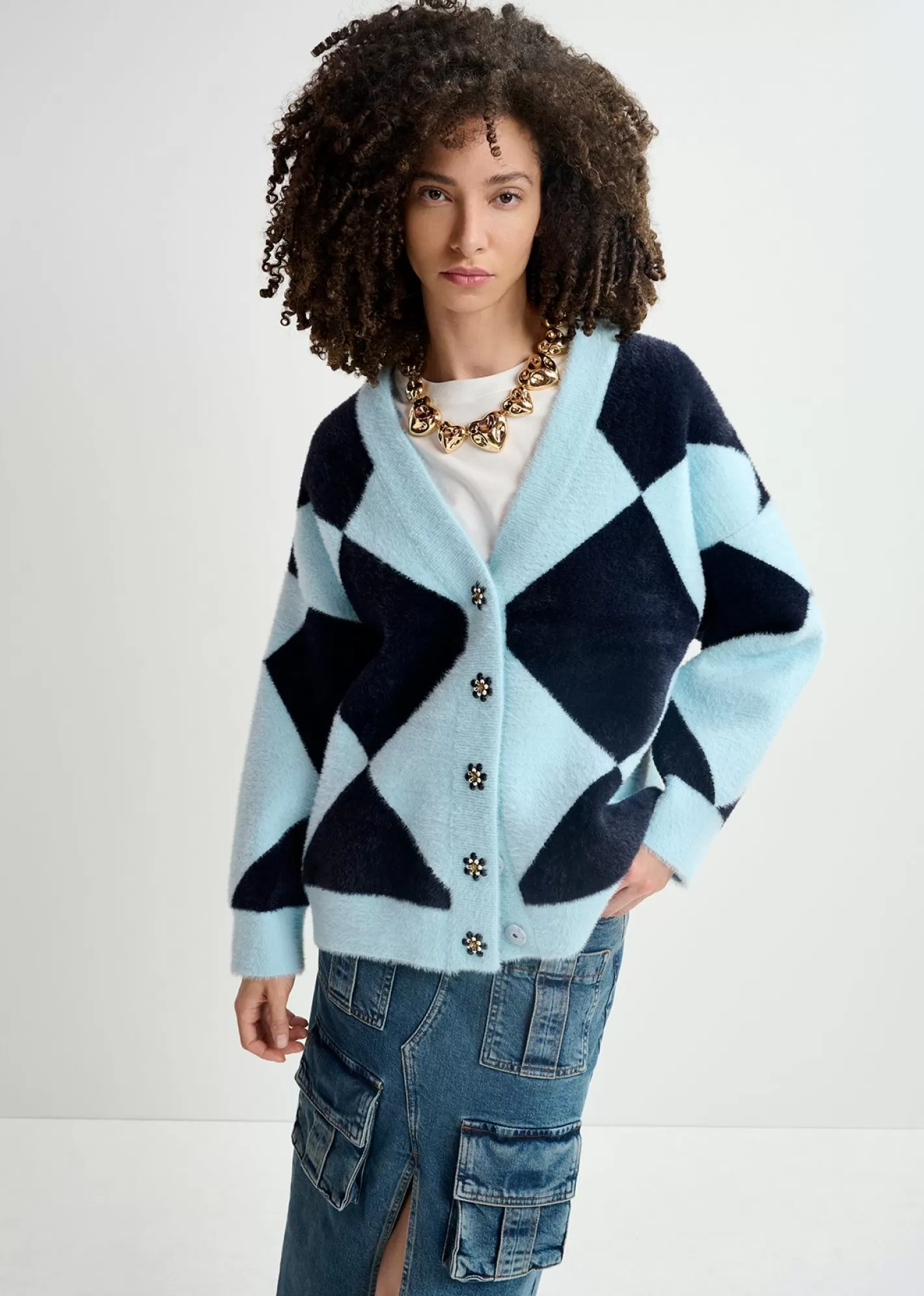 New Blue harlequin-patterned knit cardigan with flower-shaped buttons Prints | Sweaters & Cardigans