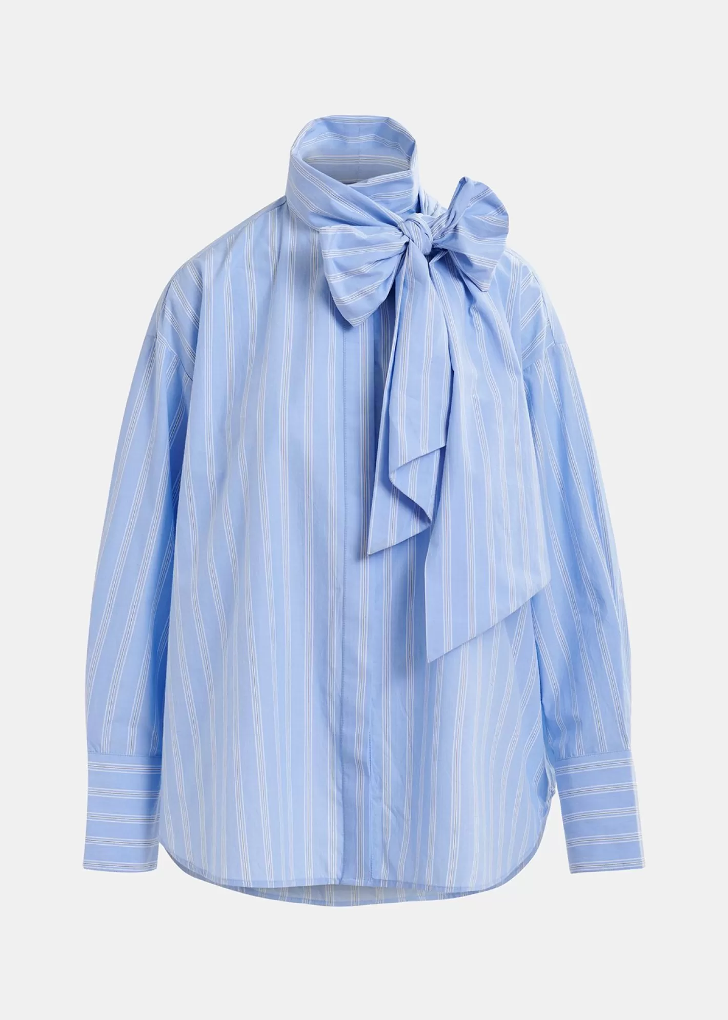 Cheap Blue, white and black striped cotton shirt with pussy bow Fall 2024 Collection | Tops & Blouses