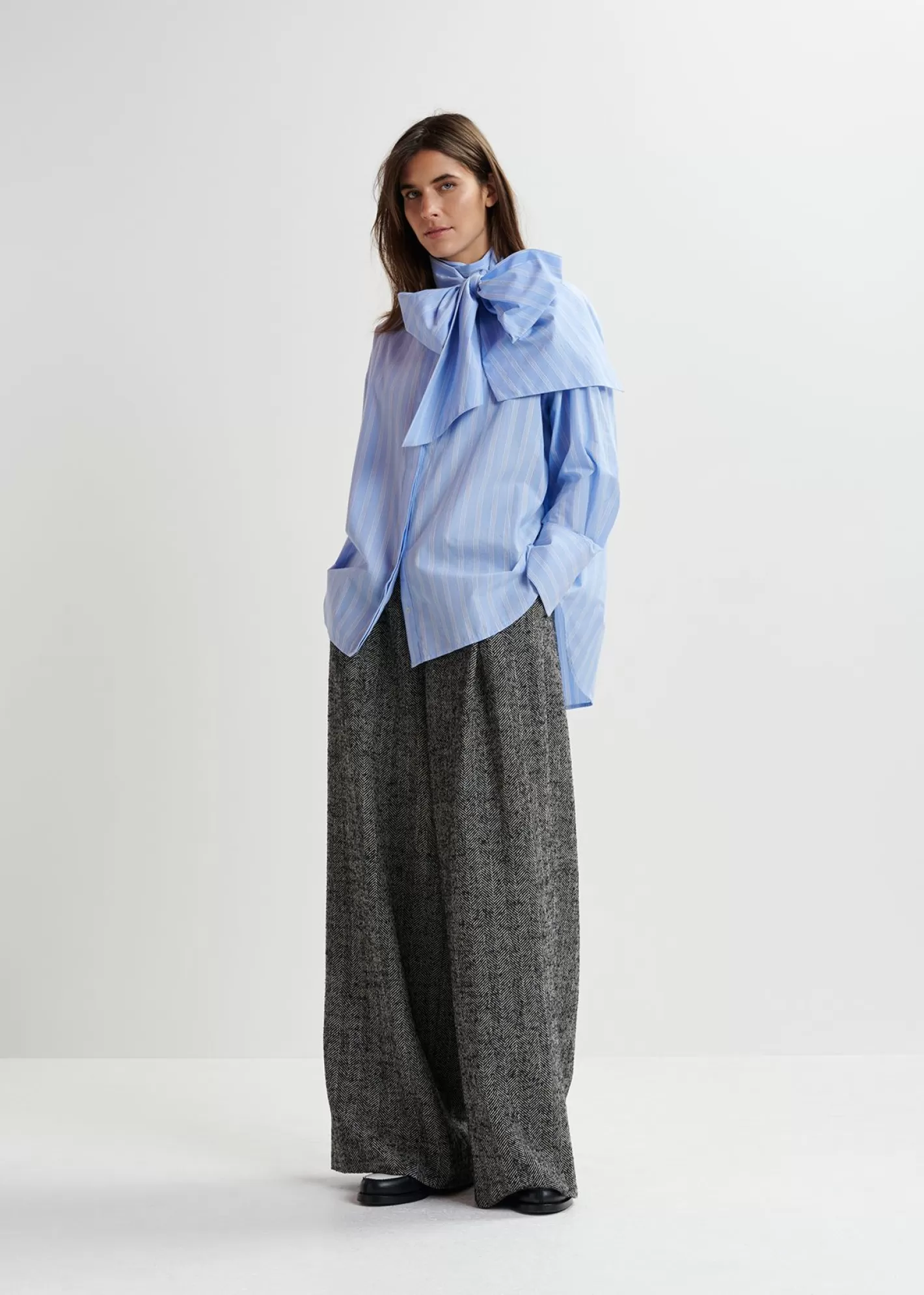 Cheap Blue, white and black striped cotton shirt with pussy bow Fall 2024 Collection | Tops & Blouses