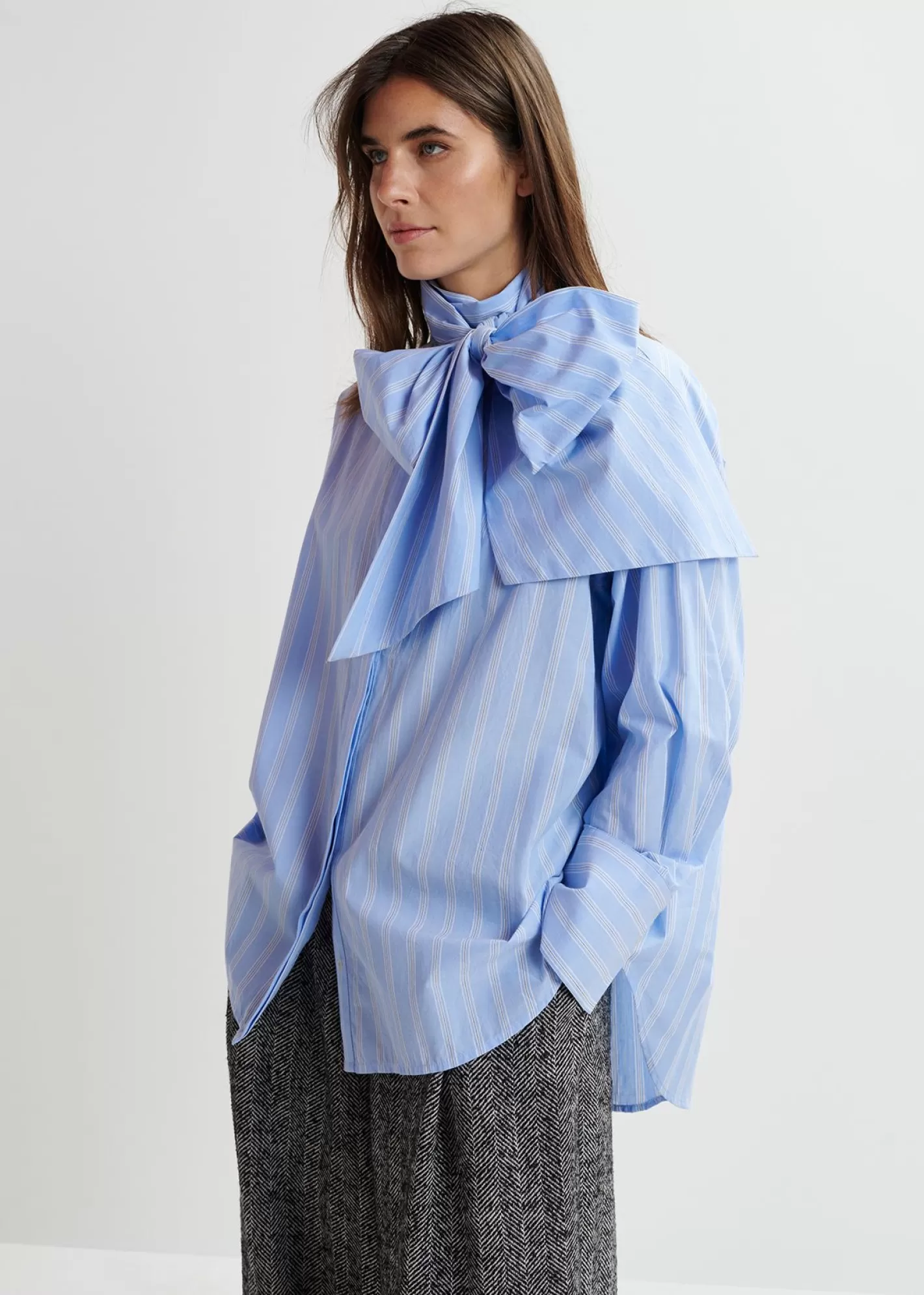 Cheap Blue, white and black striped cotton shirt with pussy bow Fall 2024 Collection | Tops & Blouses