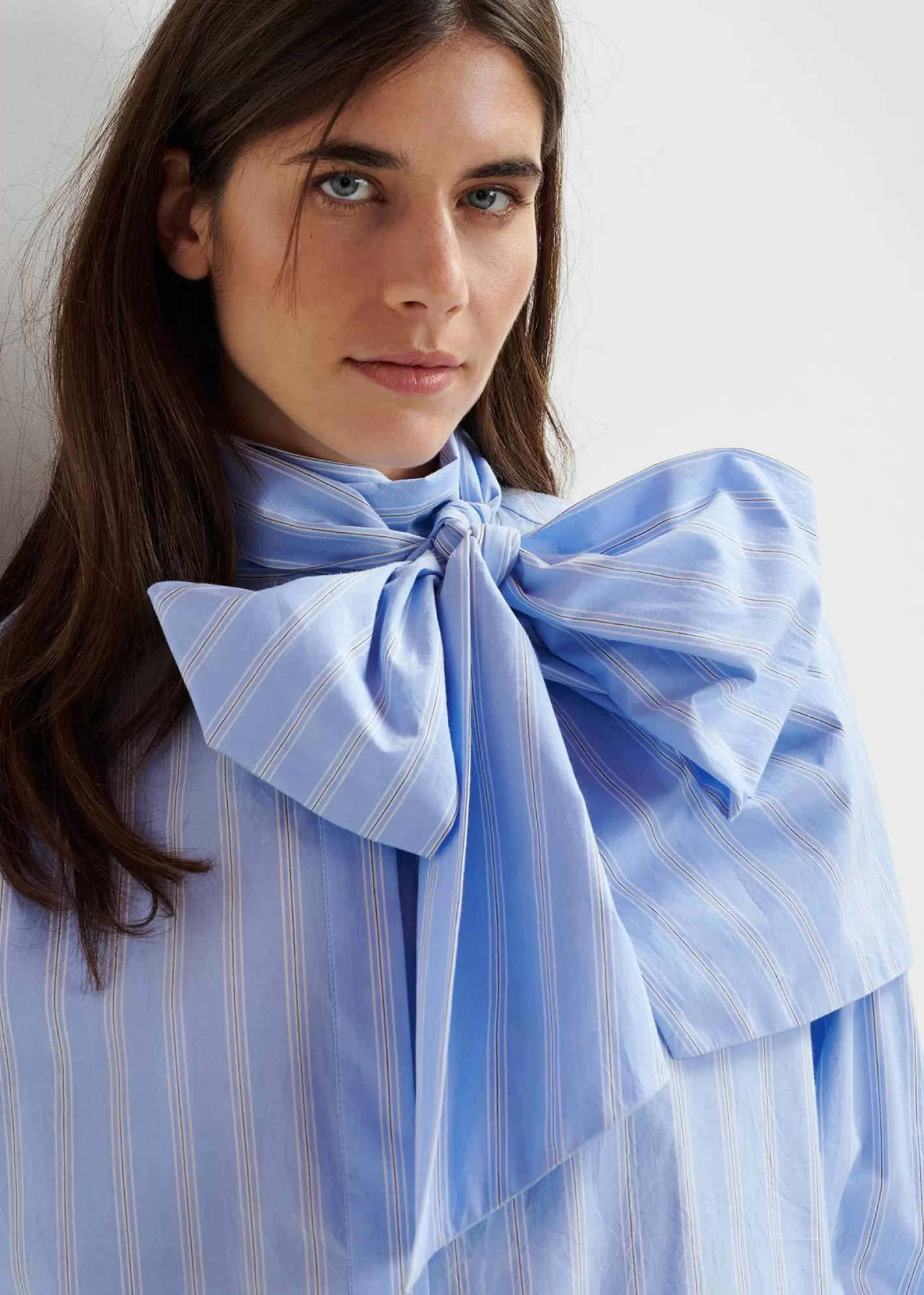 Cheap Blue, white and black striped cotton shirt with pussy bow Fall 2024 Collection | Tops & Blouses