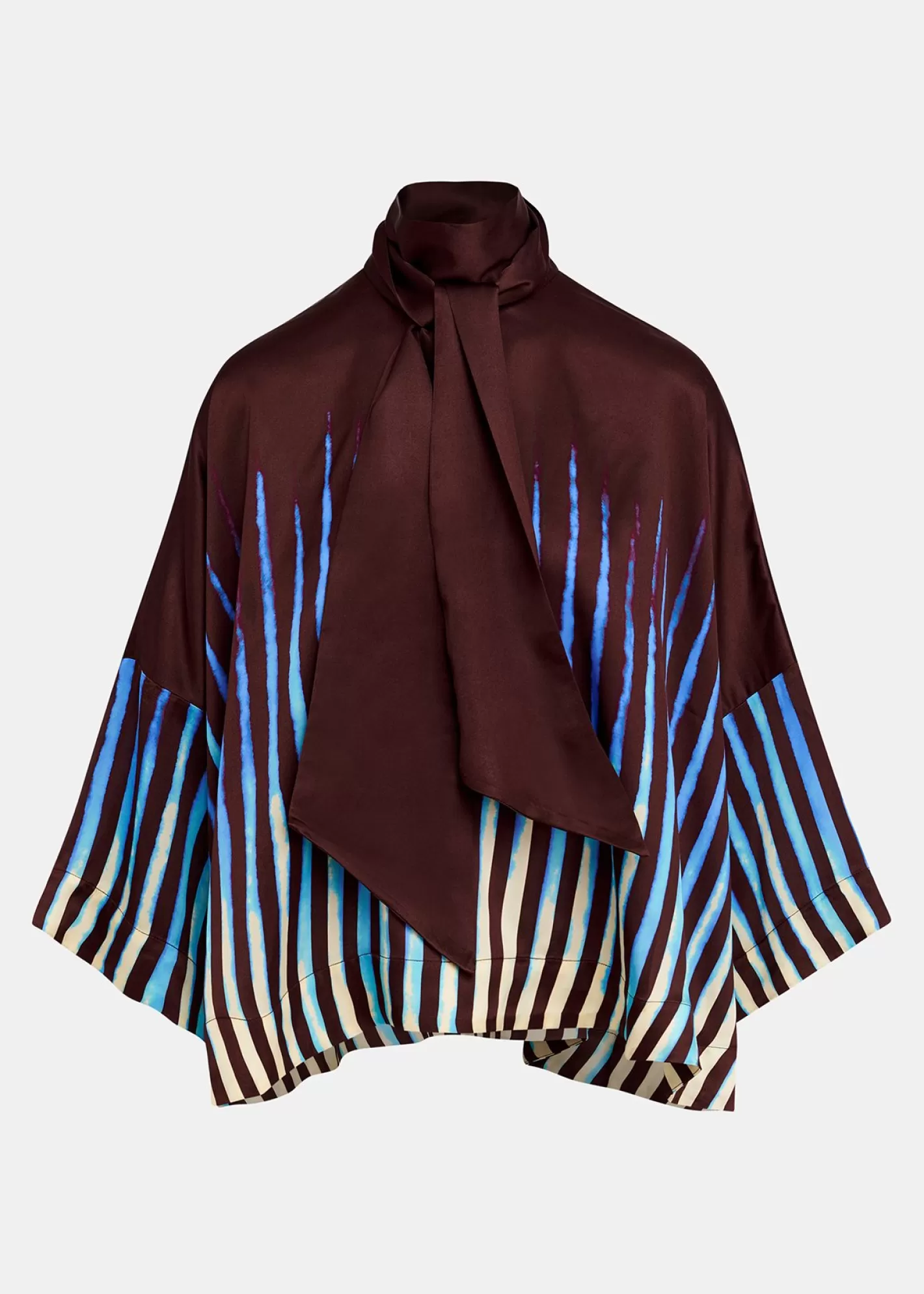 Clearance Brown, blue and ecru oversized top with pussy bow Fall 2024 Collection | Partywear