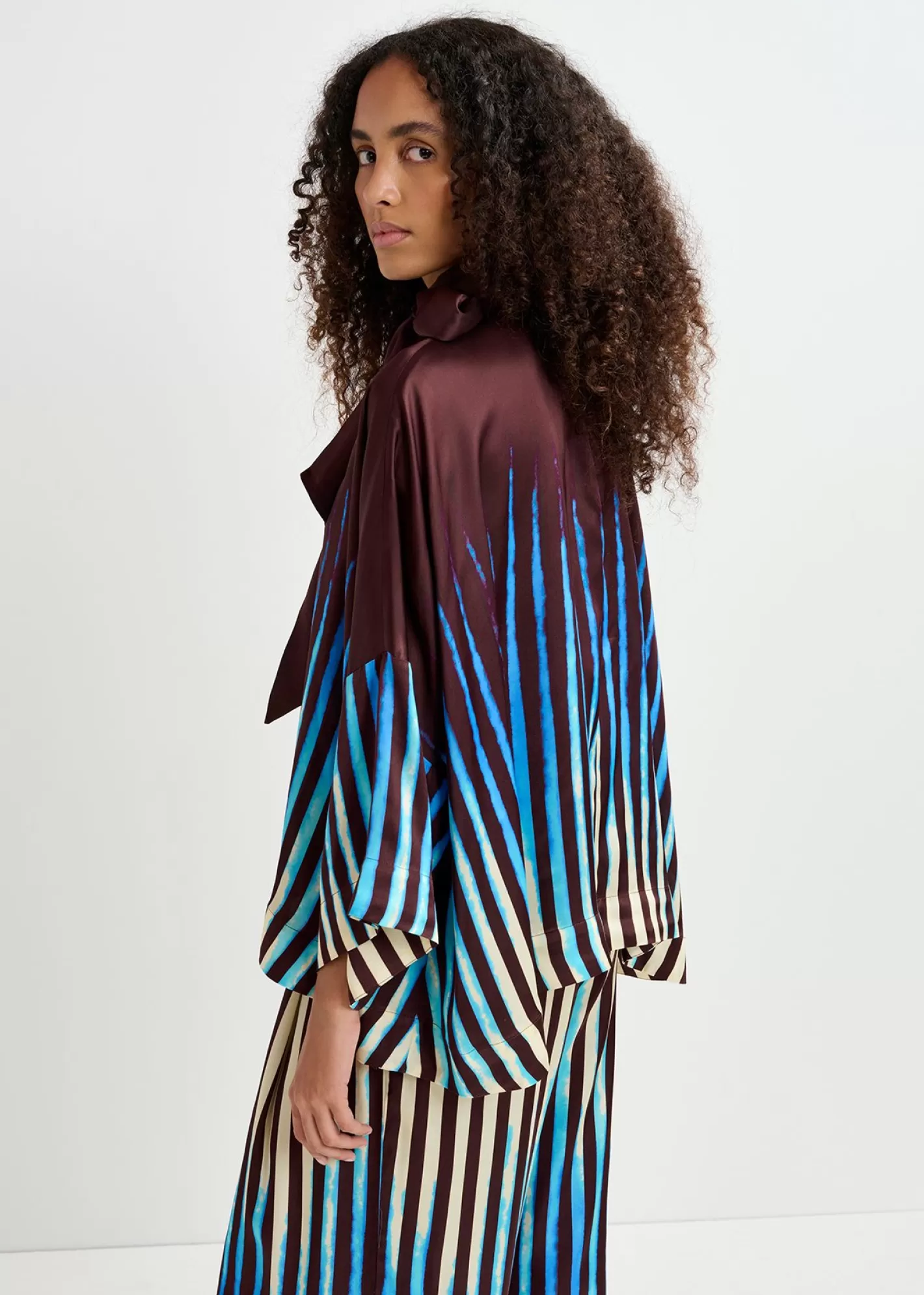 Clearance Brown, blue and ecru oversized top with pussy bow Fall 2024 Collection | Partywear