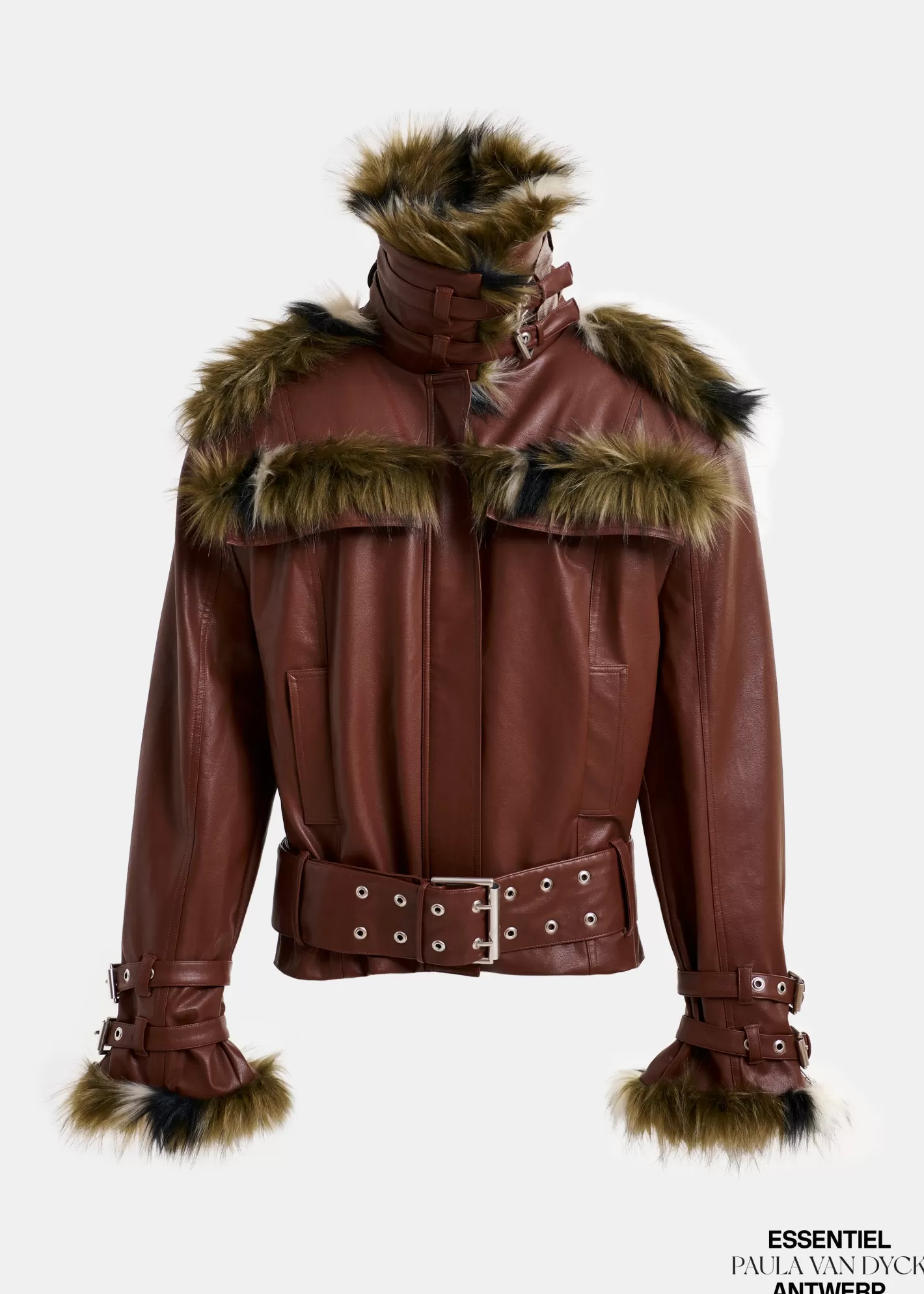 Hot Brown oversized faux leather jacket with faux fur lining and buckle fastenings Paula Van Dyck X Essentiel Antwerp | Coats & Jackets