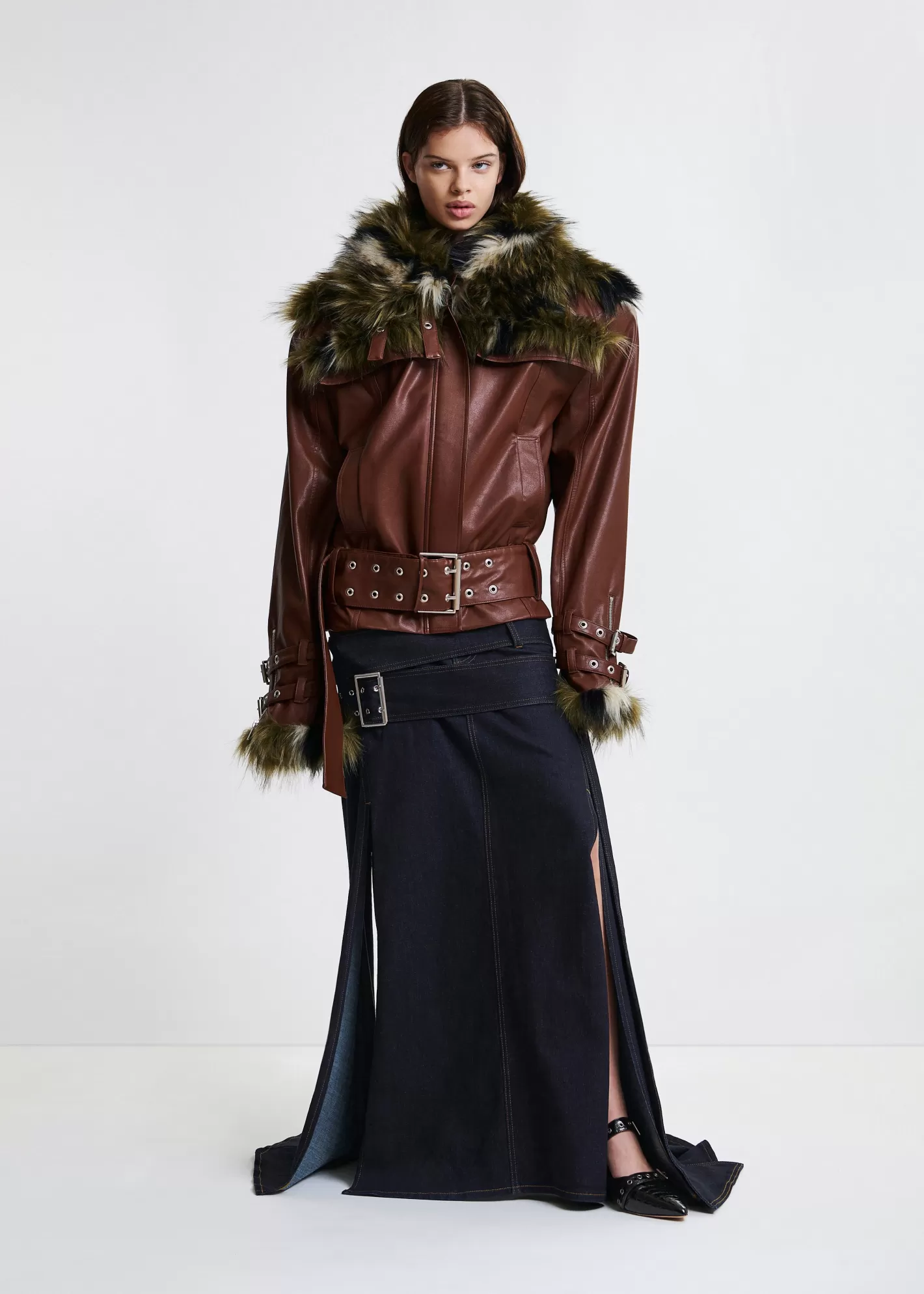 Hot Brown oversized faux leather jacket with faux fur lining and buckle fastenings Paula Van Dyck X Essentiel Antwerp | Coats & Jackets
