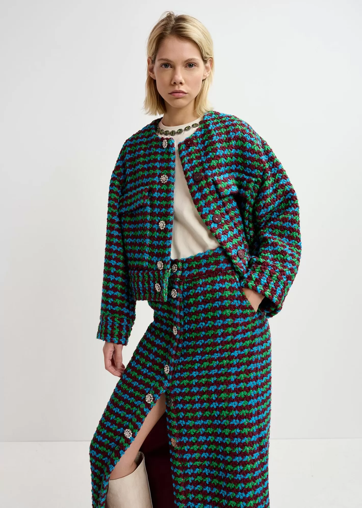 Flash Sale Burgundy, blue and green wool-blend tweed jacket Fall 2024 Collection | Coats & Jackets