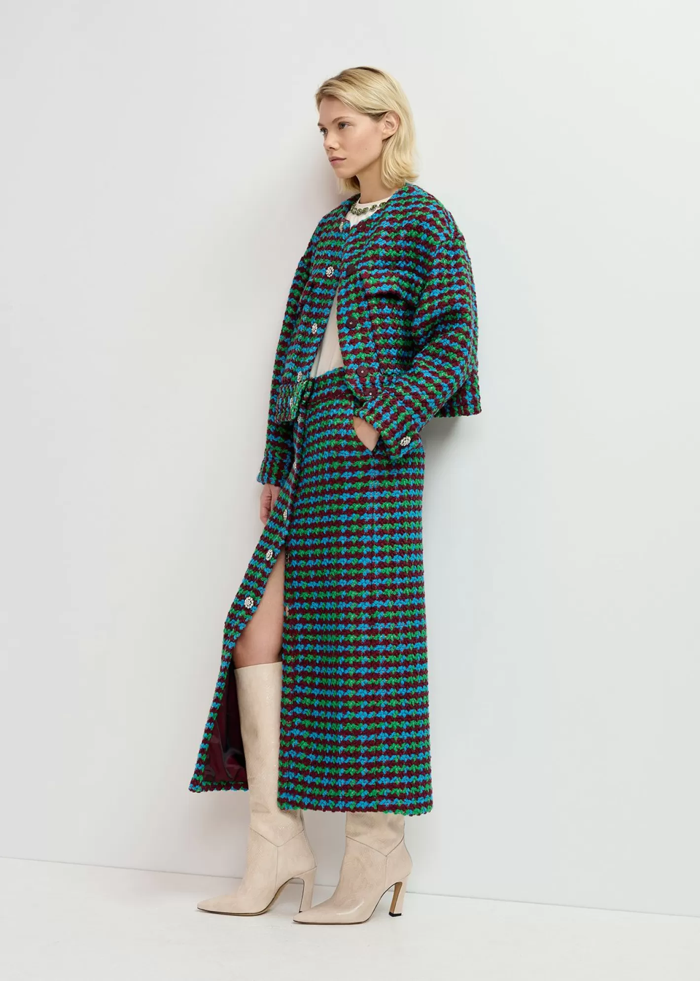 Sale Burgundy, blue and green wool-blend tweed midi skirt Fall 2024 Collection | Skirts