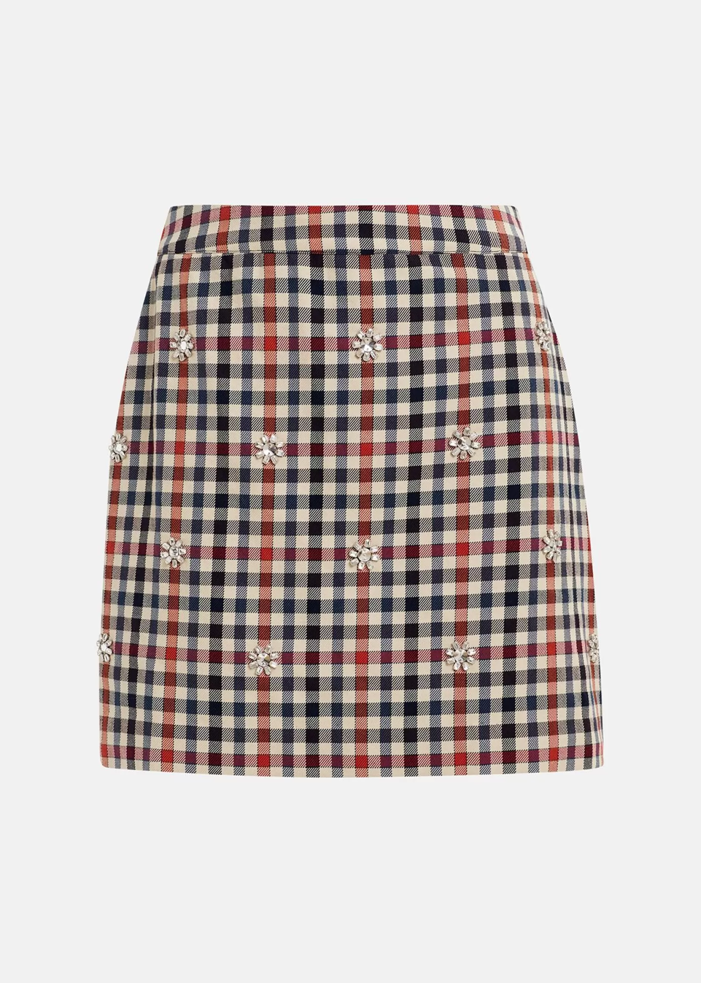 Outlet Dark blue, beige and red checkered miniskirt with rhinestone embellishments Prints | Skirts
