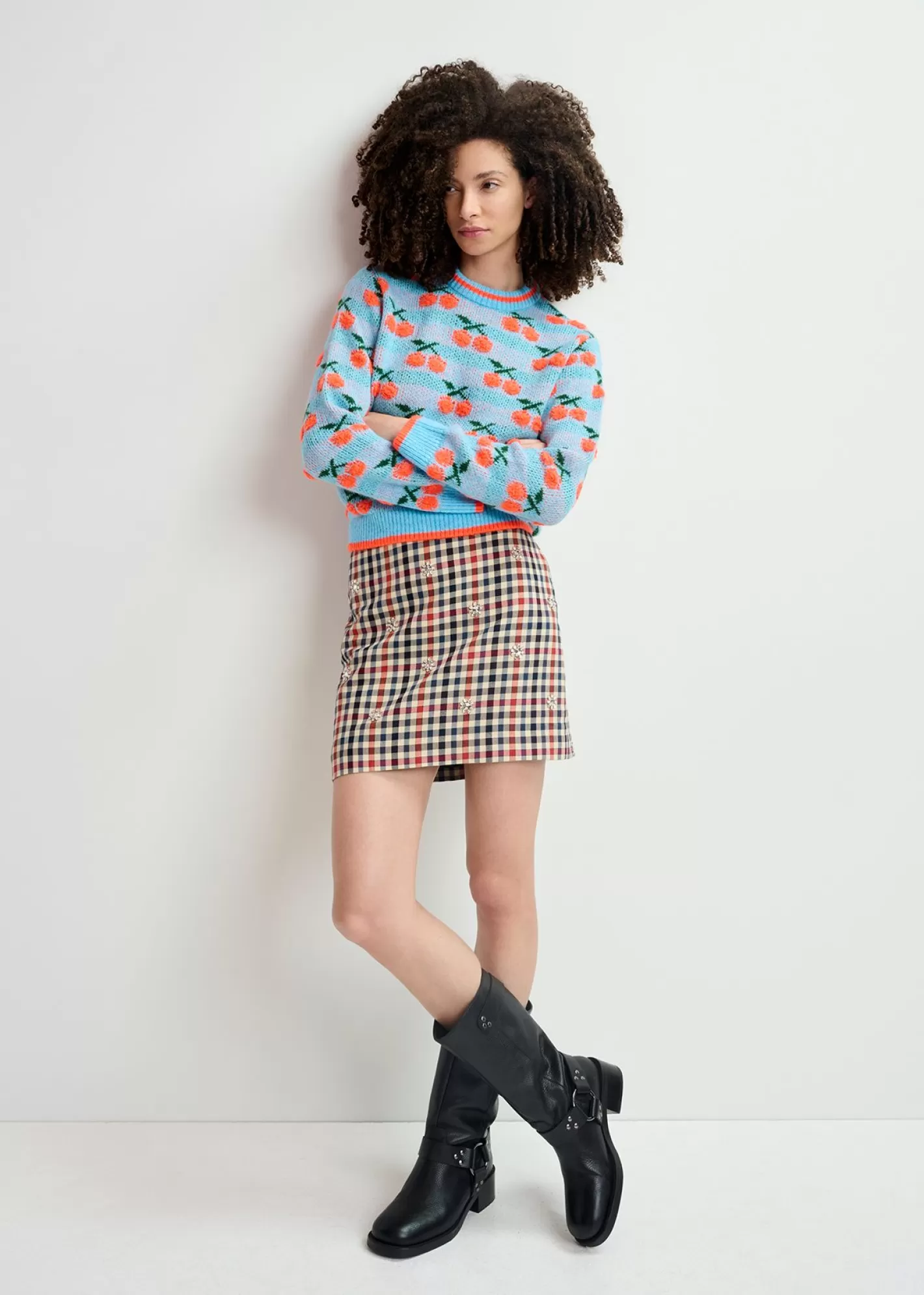 Outlet Dark blue, beige and red checkered miniskirt with rhinestone embellishments Prints | Skirts