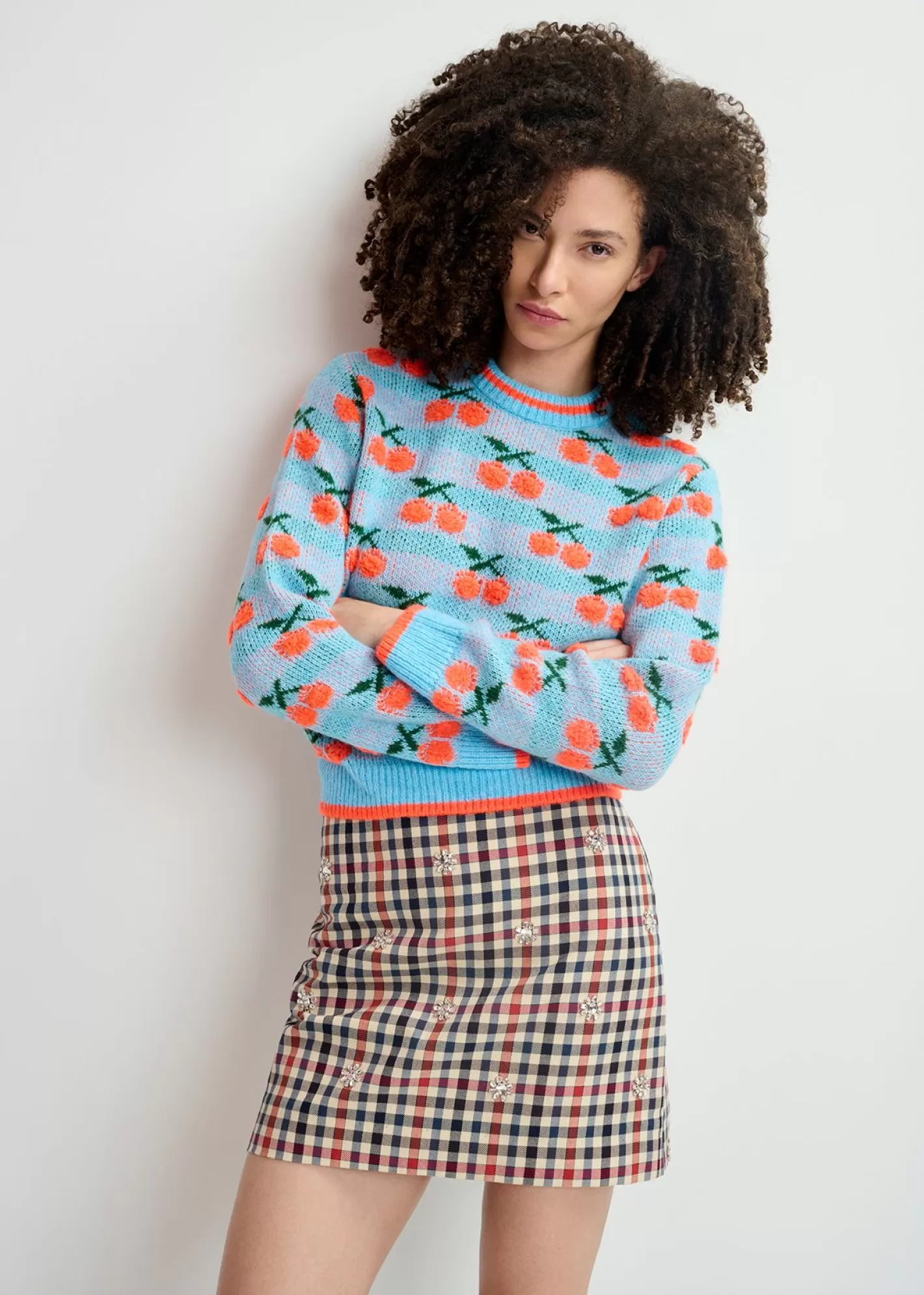 Outlet Dark blue, beige and red checkered miniskirt with rhinestone embellishments Prints | Skirts