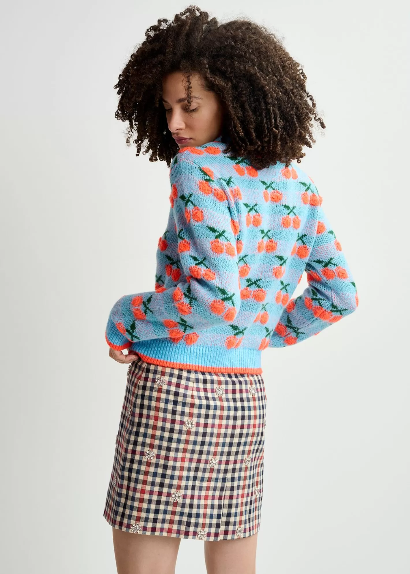Outlet Dark blue, beige and red checkered miniskirt with rhinestone embellishments Prints | Skirts