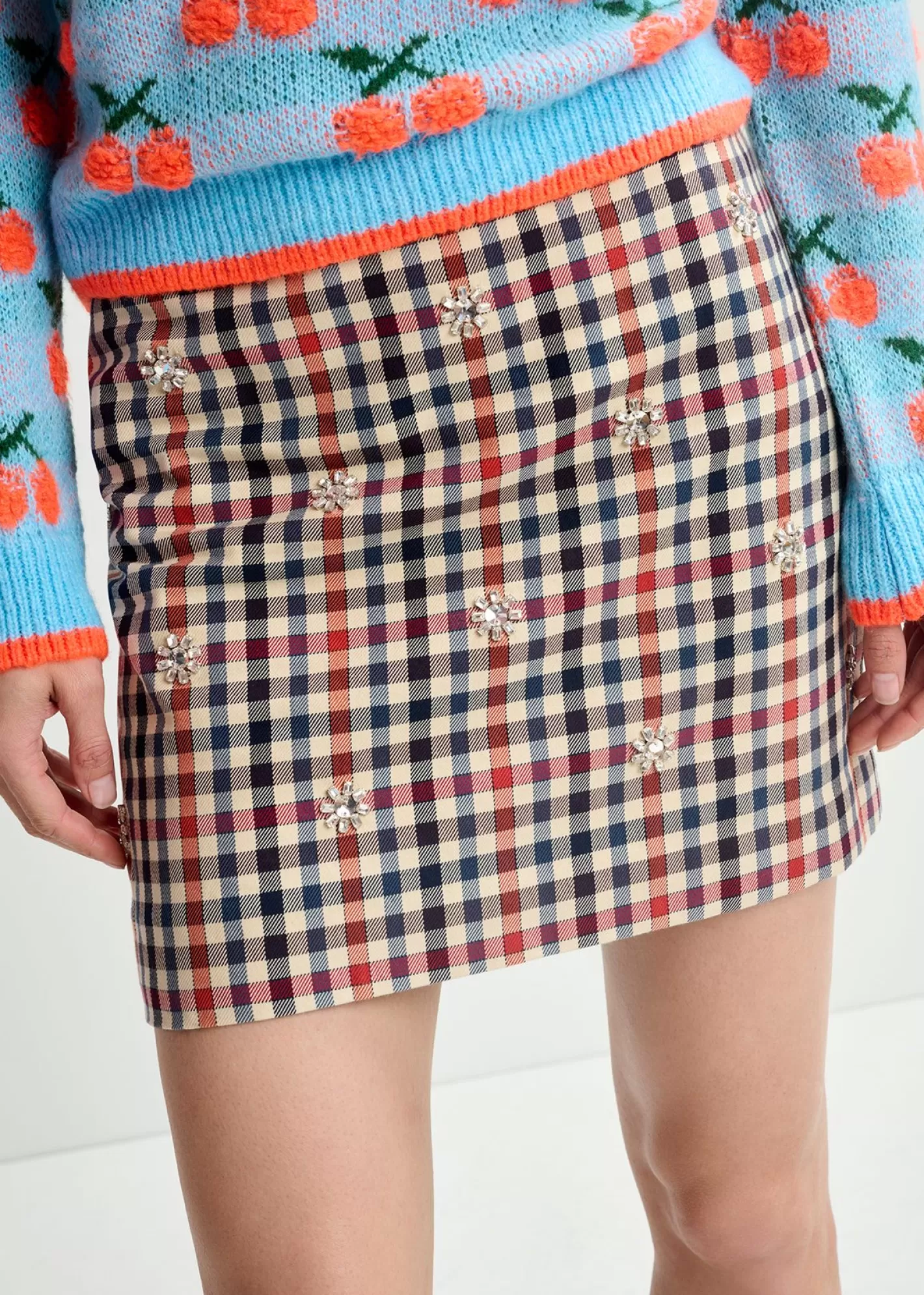 Outlet Dark blue, beige and red checkered miniskirt with rhinestone embellishments Prints | Skirts