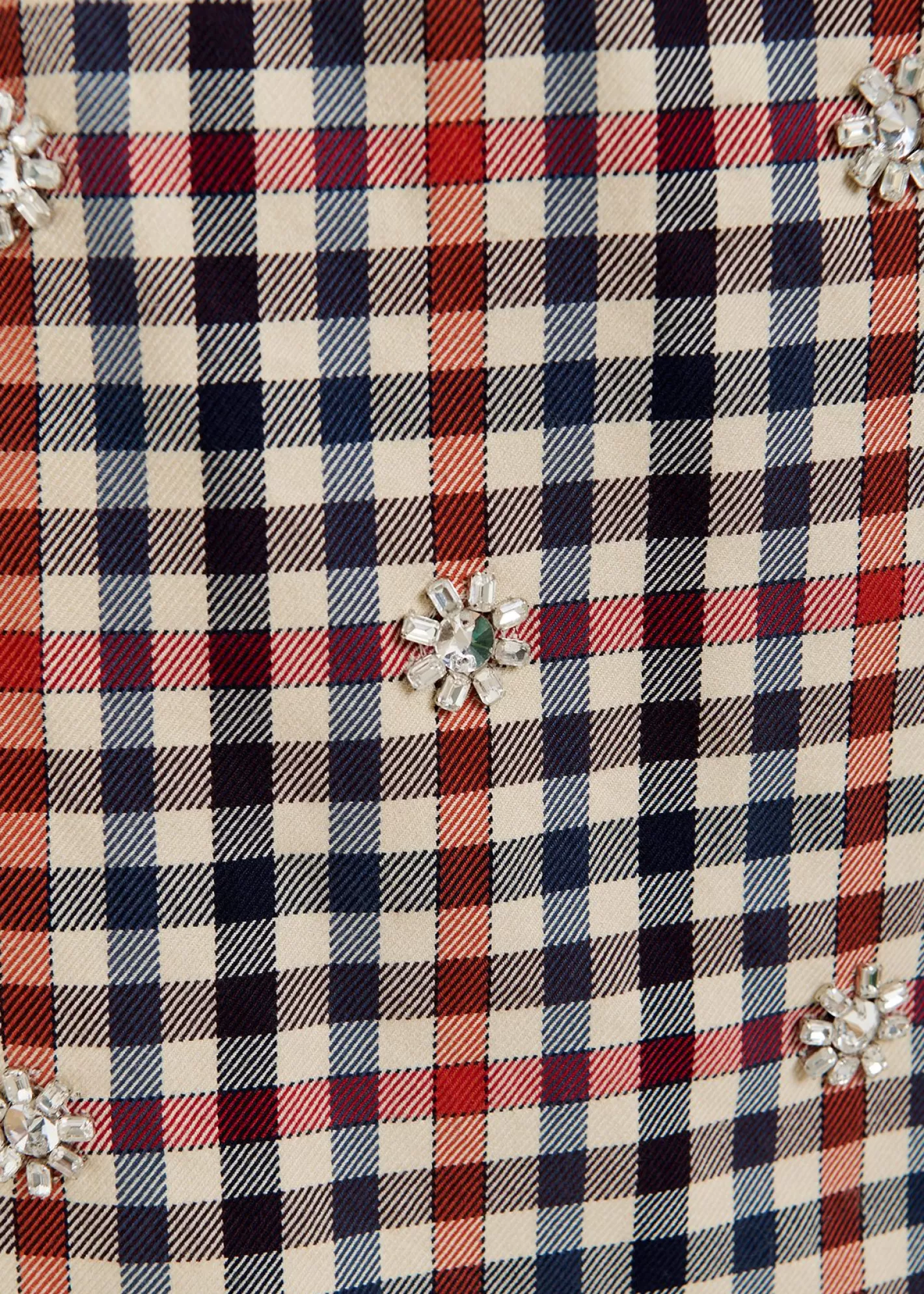Outlet Dark blue, beige and red checkered miniskirt with rhinestone embellishments Prints | Skirts