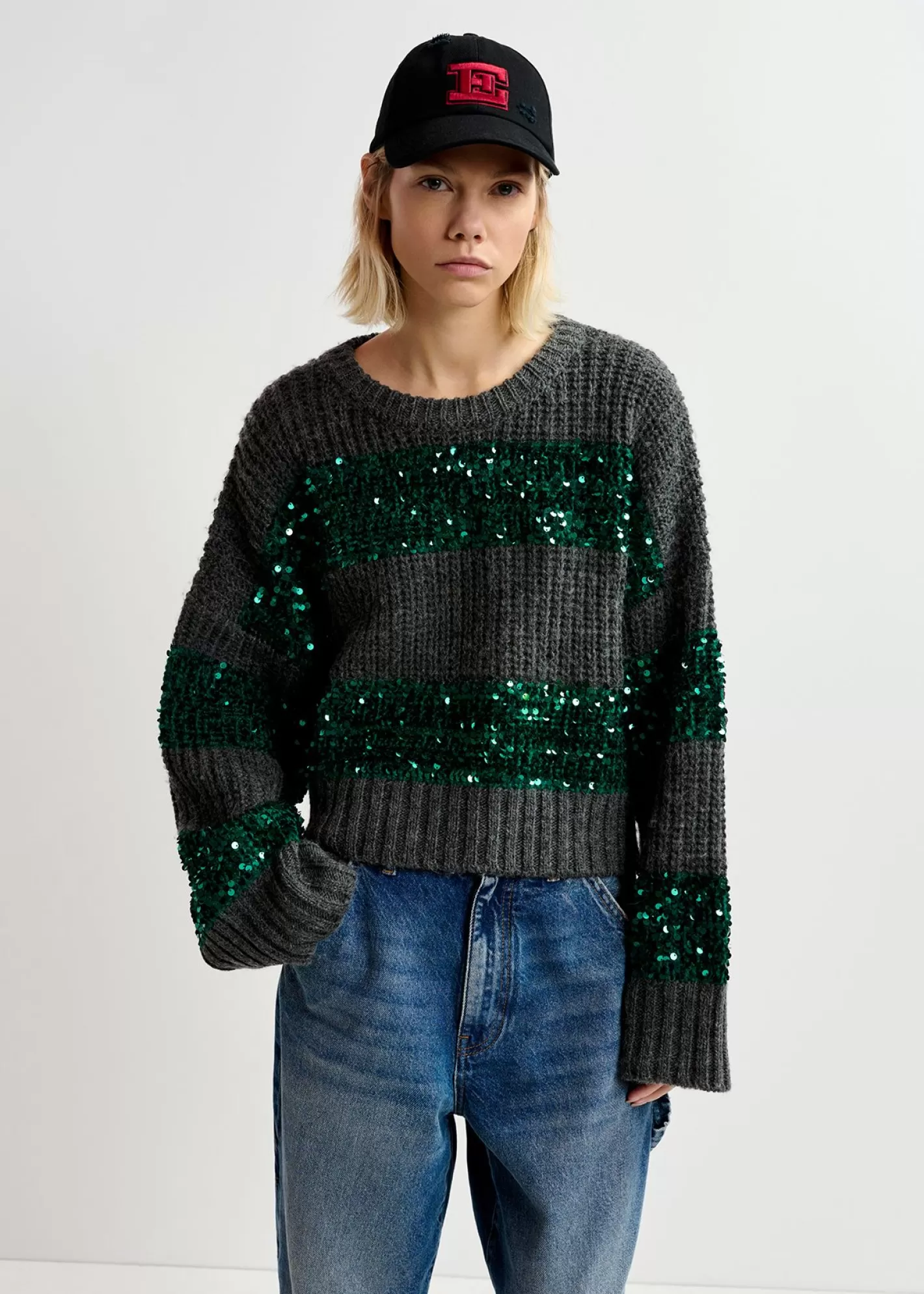 Store Dark grey and dark green knit sweater with sequin-embellished stripes Fall 2024 Collection | Sweaters & Cardigans