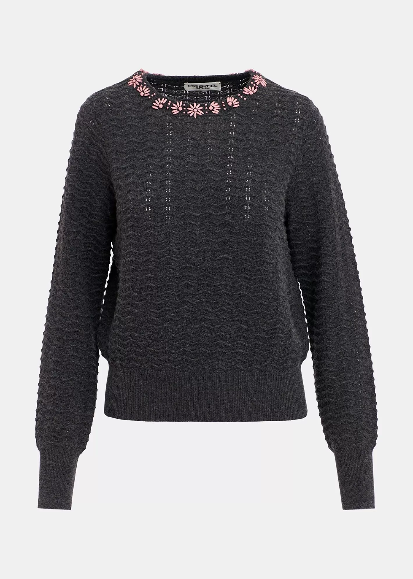 Hot Dark grey knit sweater with embellished neckline Fall 2024 Collection | Sweaters & Cardigans