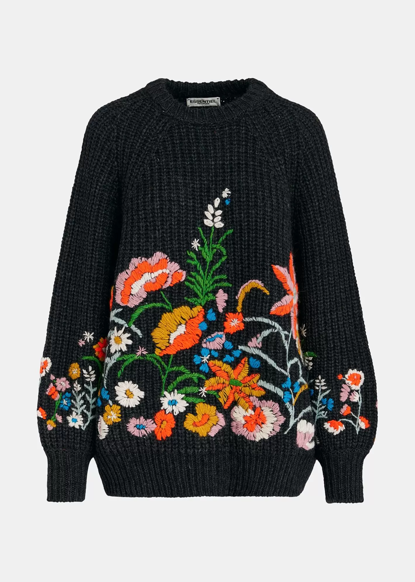 Hot Dark grey rib-knitted sweater with floral embroideries Fall 2024 Collection | Sweaters & Cardigans