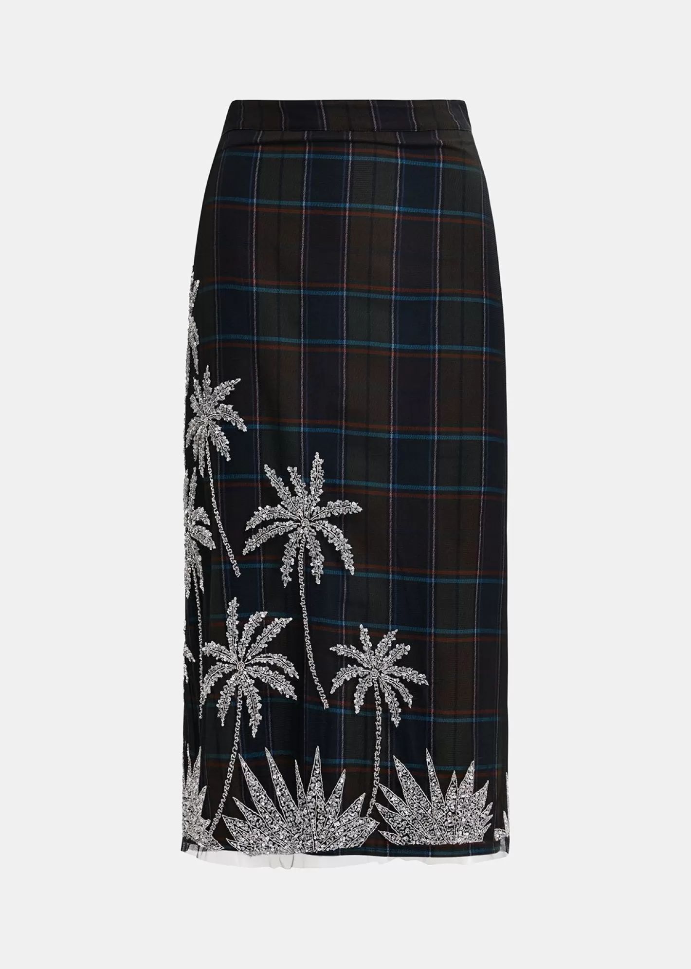 Cheap Dark khaki and navy blue checked mesh midi skirt with embroidery Fall 2024 Collection | Partywear