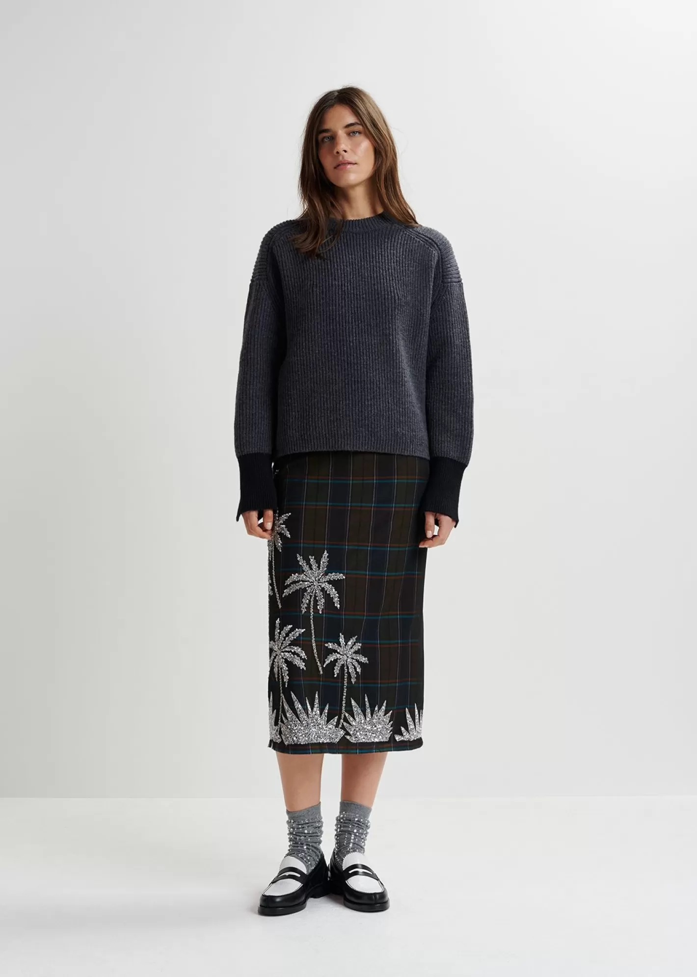 Cheap Dark khaki and navy blue checked mesh midi skirt with embroidery Fall 2024 Collection | Partywear