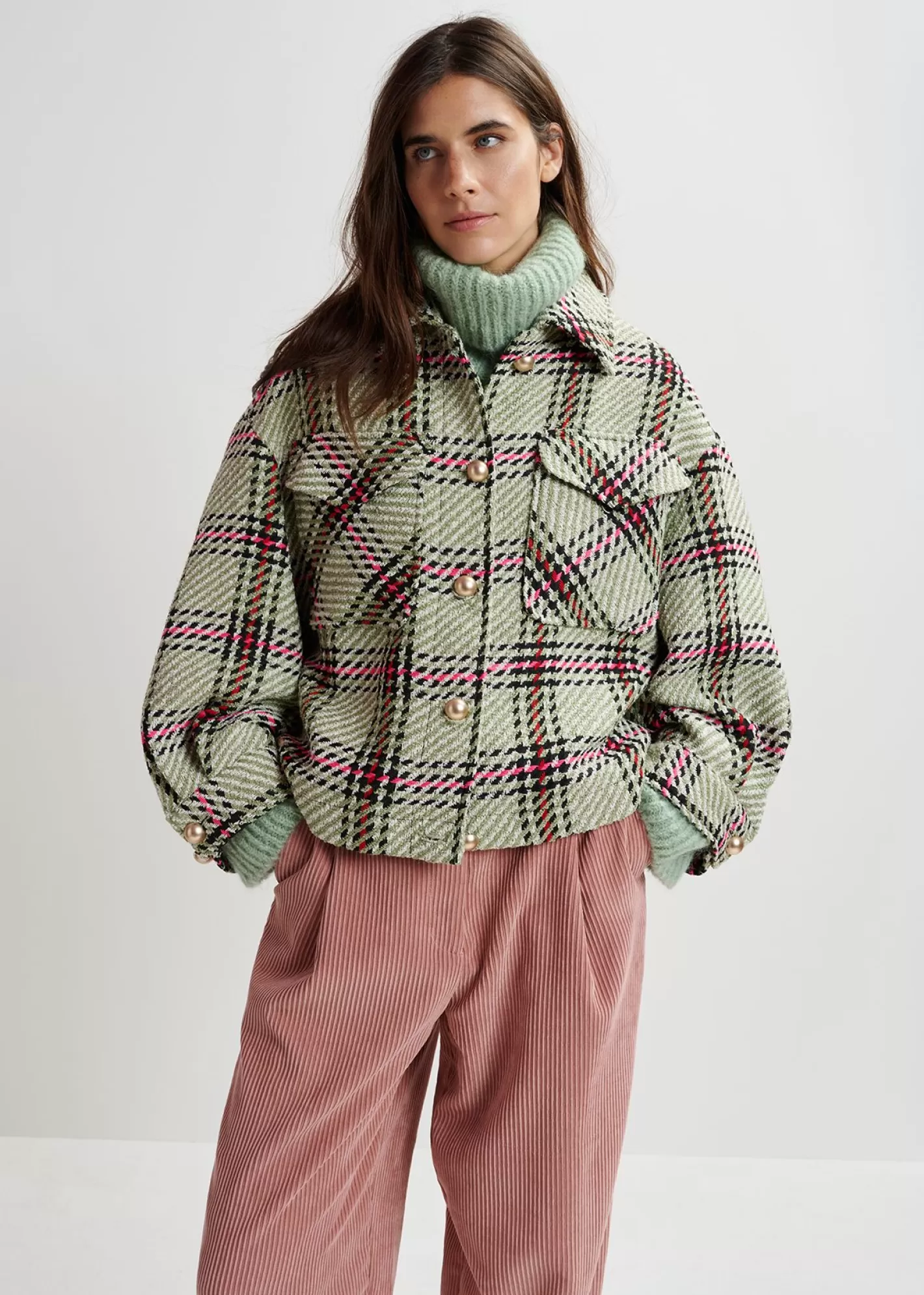 Fashion Ecru, black and green checked oversized jacket Fall 2024 Collection | Coats & Jackets