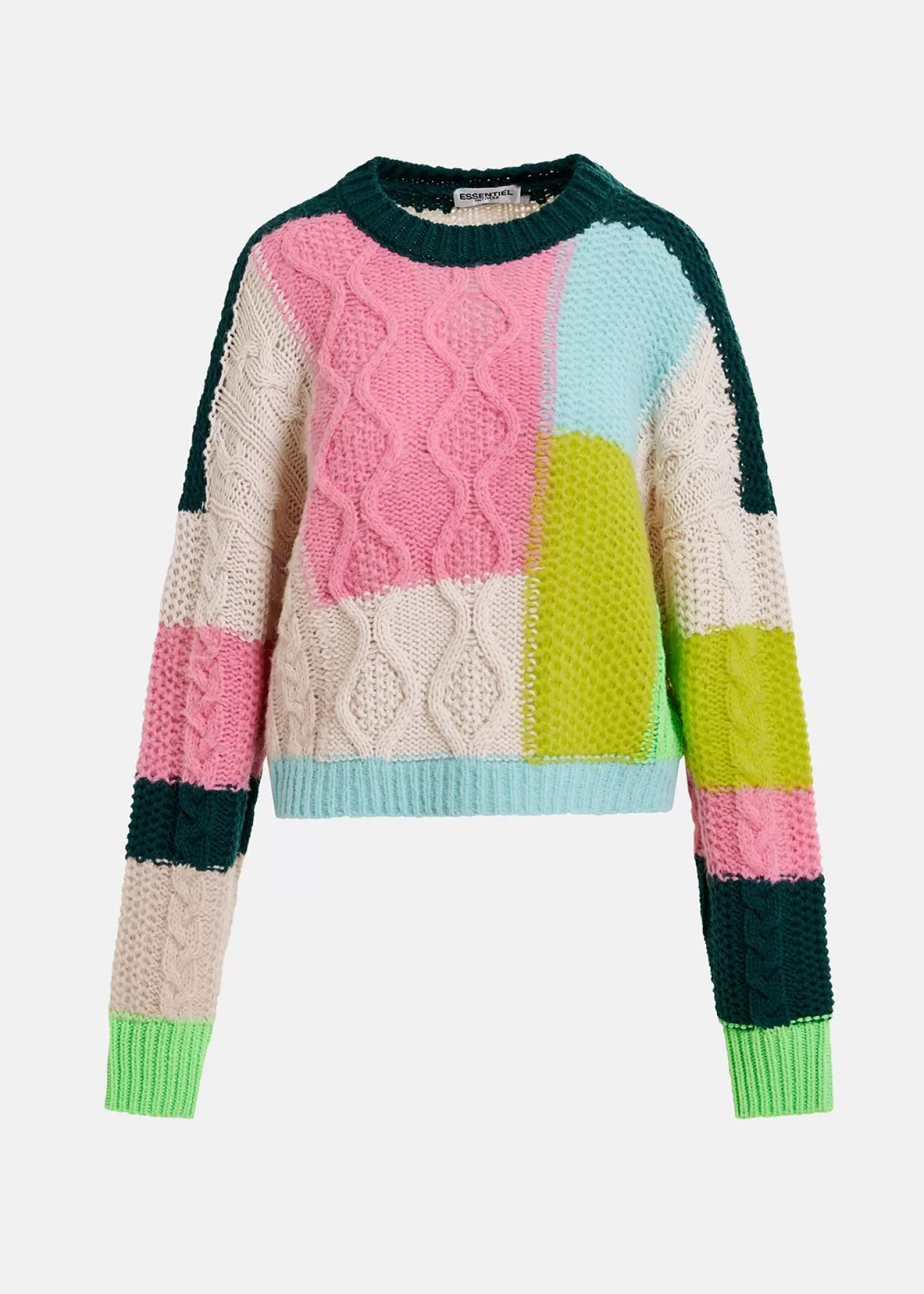 Sale Ecru, lime green and pink cable-knitted patchwork sweater Fall 2024 Collection | Sweaters & Cardigans