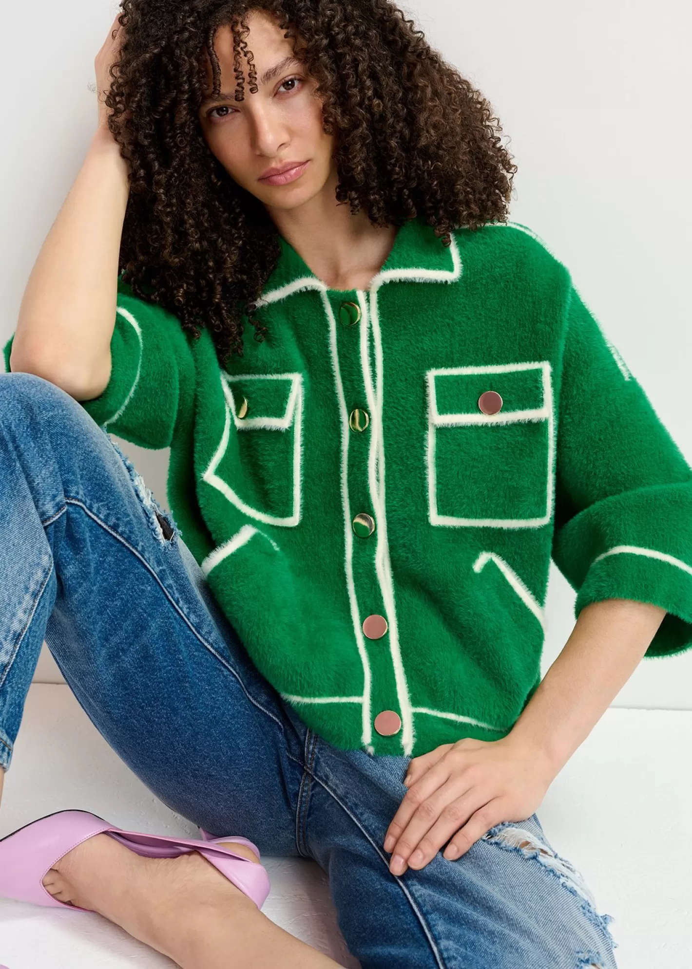 Fashion Green fuzzy knitted cardigan Fall 2024 Collection | Sweaters & Cardigans