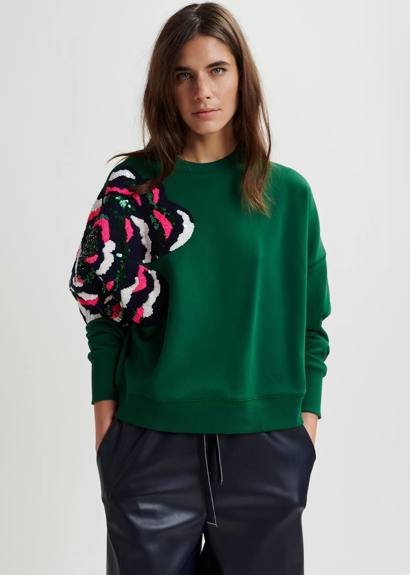 Best Sale Green organic cotton sweatshirt with sequin and bead embroideries Fall 2024 Collection | Sweatshirts
