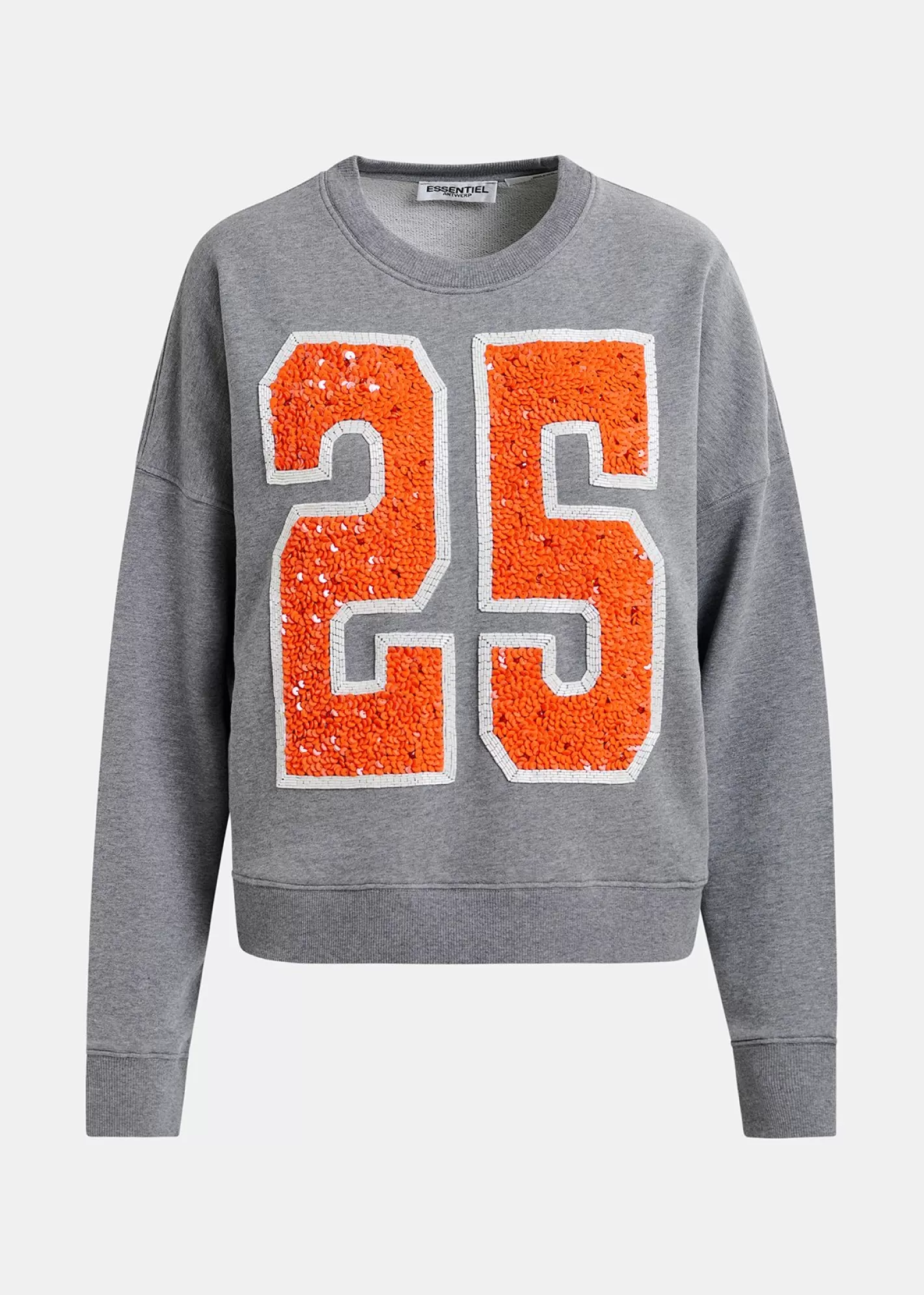 Sale Grey and orange organic cotton sweatshirt with sequin and bead "25" embroideries Fall 2024 Collection | Sweatshirts
