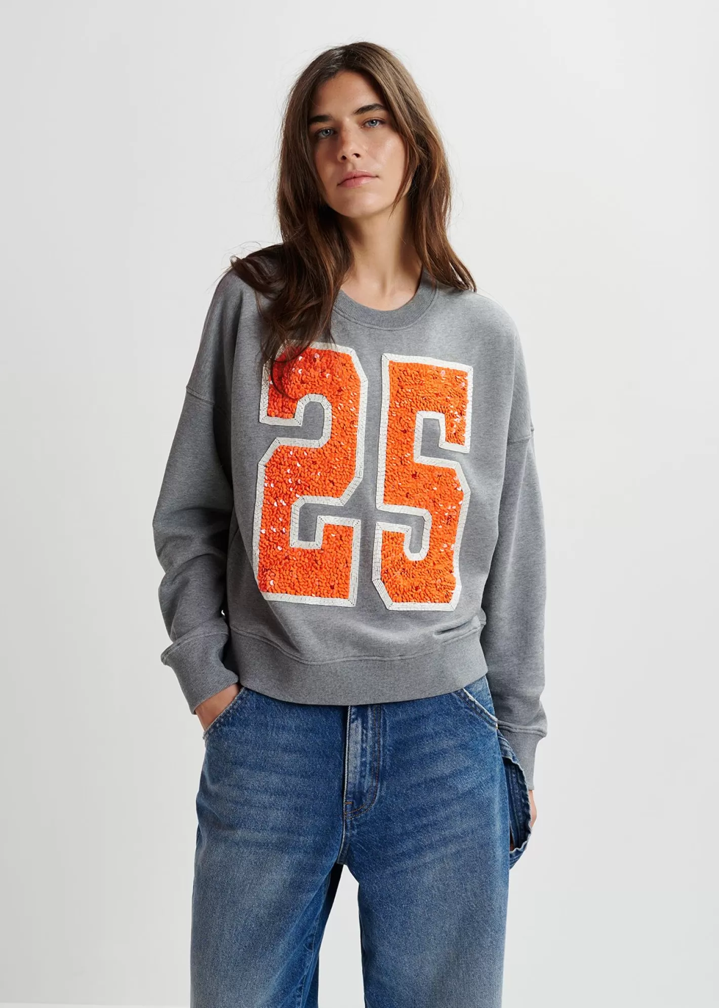 Sale Grey and orange organic cotton sweatshirt with sequin and bead "25" embroideries Fall 2024 Collection | Sweatshirts