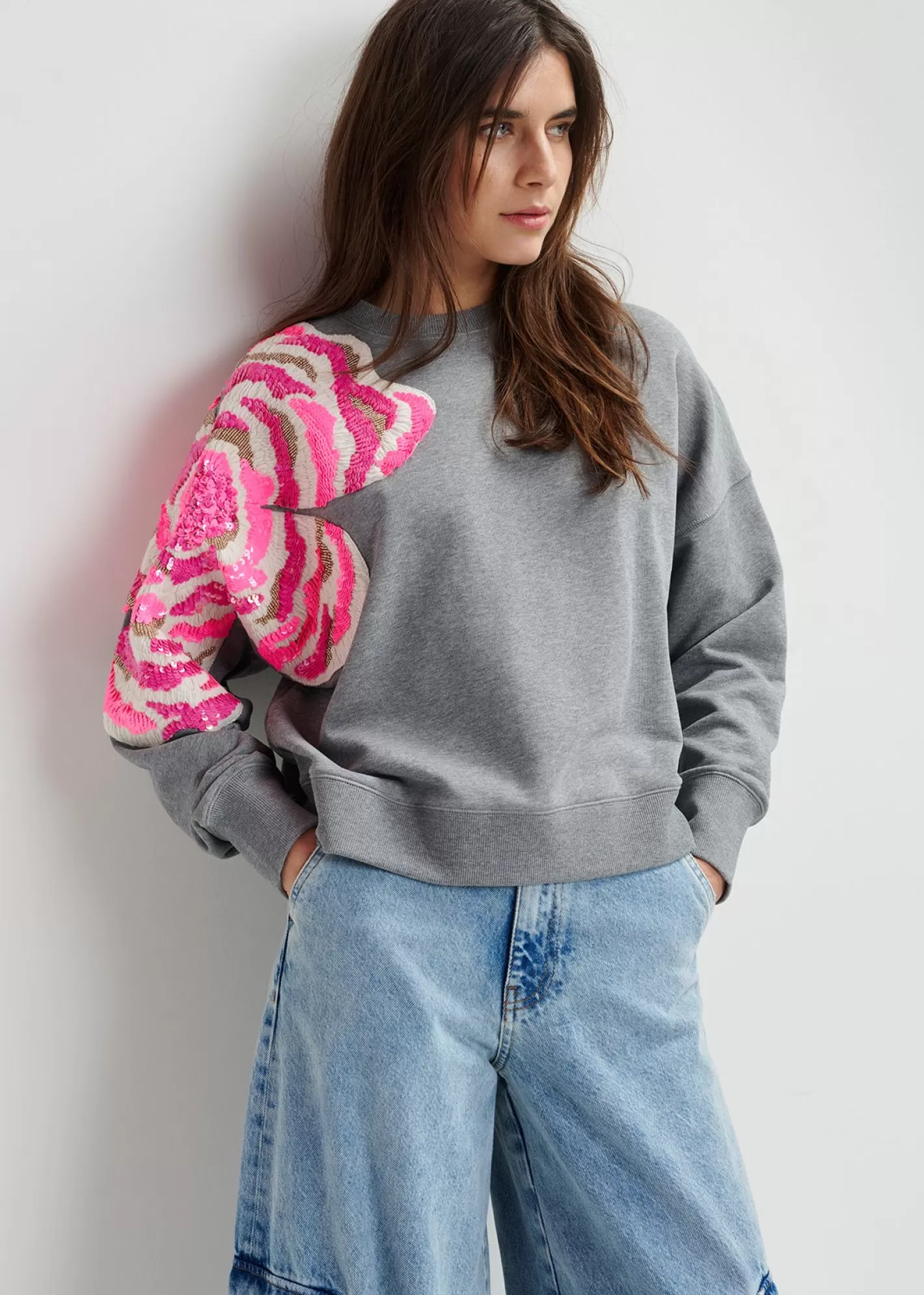 Cheap Grey organic cotton sweatshirt with sequin and bead embroideries Fall 2024 Collection | Sweatshirts