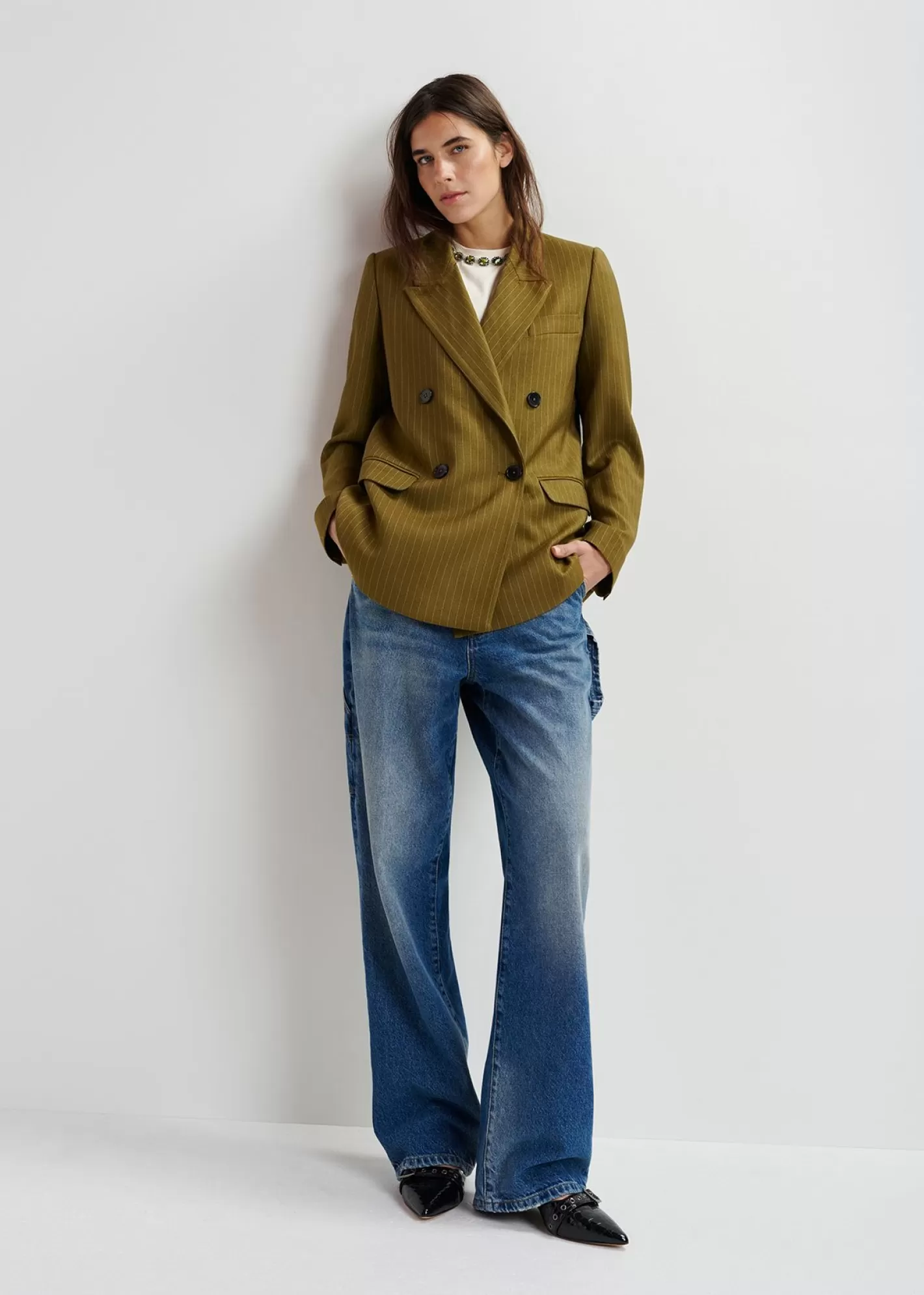 Hot Khaki pinstriped double-breasted blazer Fall 2024 Collection | Coats & Jackets