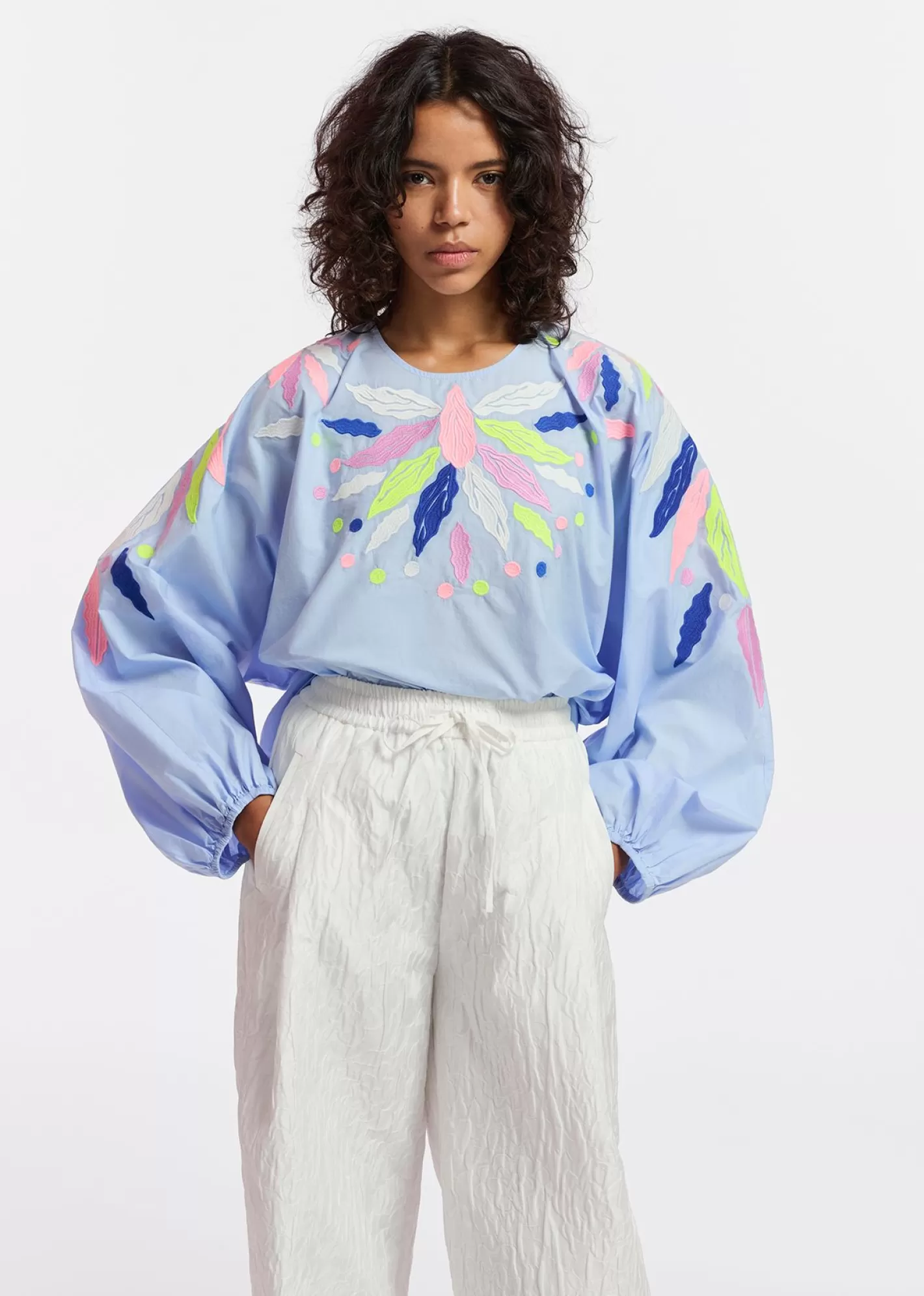 Clearance Light blue cotton top with embroideries Fall 2024 Collection | Tops & Blouses