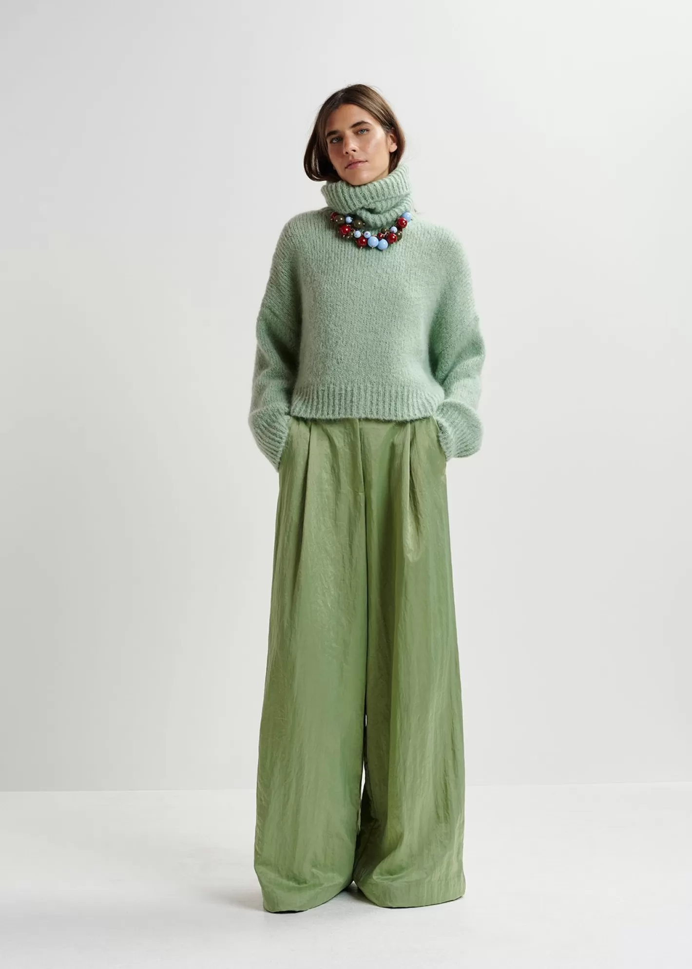 Online Light green satin wide-leg pants Fall 2024 Collection | Pants & Shorts