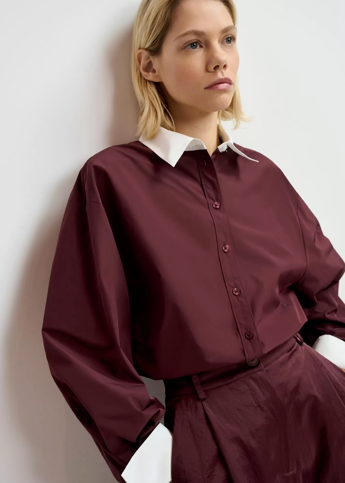 Hot Maroon shirt with contrasting collar Fall 2024 Collection | Tops & Blouses