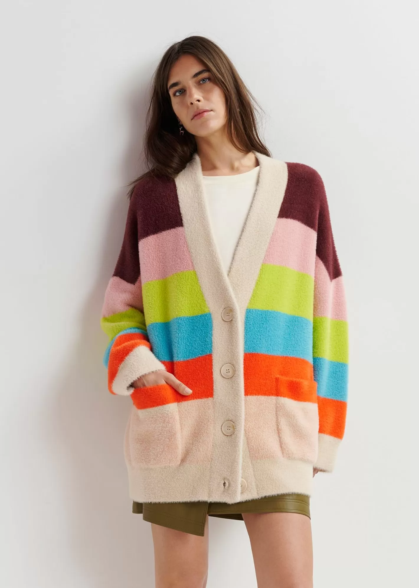 Discount Multicolor striped fuzzy knitted cardigan Fall 2024 Collection | Sweaters & Cardigans