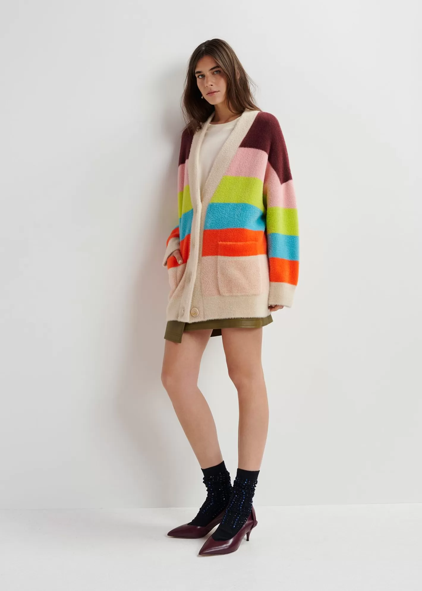 Discount Multicolor striped fuzzy knitted cardigan Fall 2024 Collection | Sweaters & Cardigans