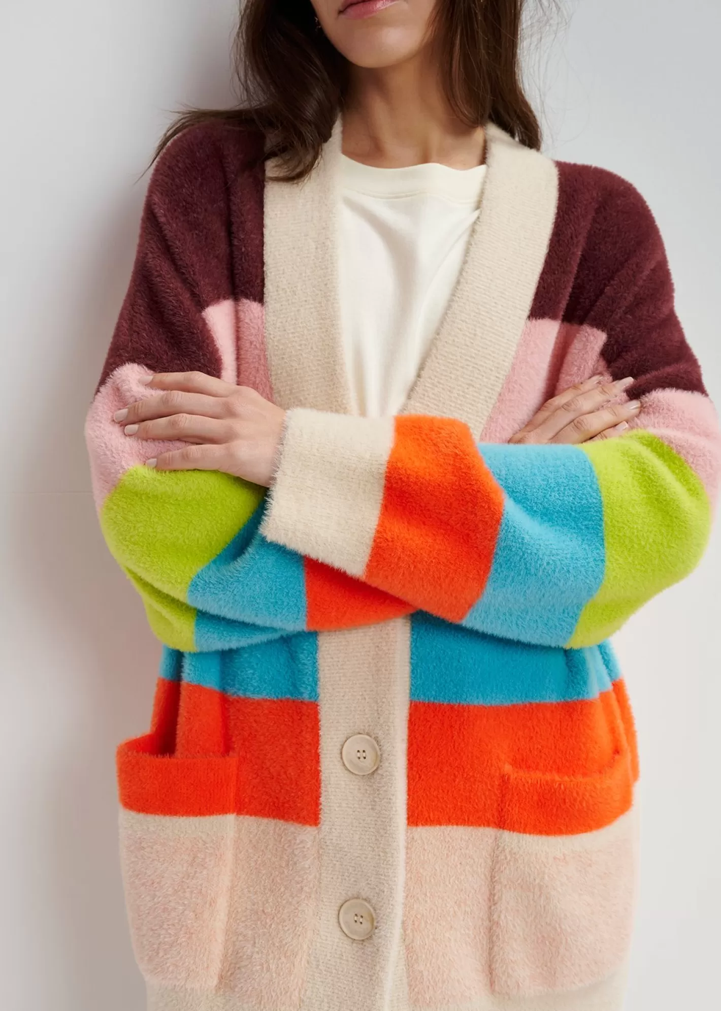 Discount Multicolor striped fuzzy knitted cardigan Fall 2024 Collection | Sweaters & Cardigans