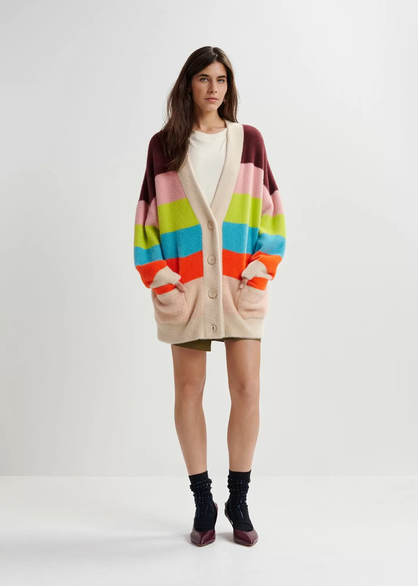 Discount Multicolor striped fuzzy knitted cardigan Fall 2024 Collection | Sweaters & Cardigans